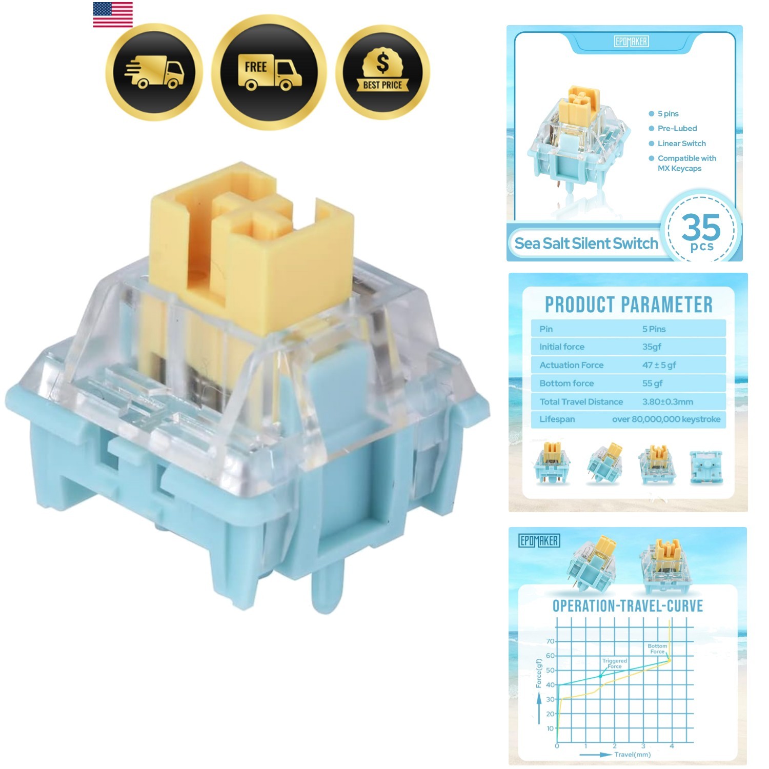 Silent Mechanical Keyboard Switches Set - 35 Pieces Factory Pre-Lubed, 5-Pin ...