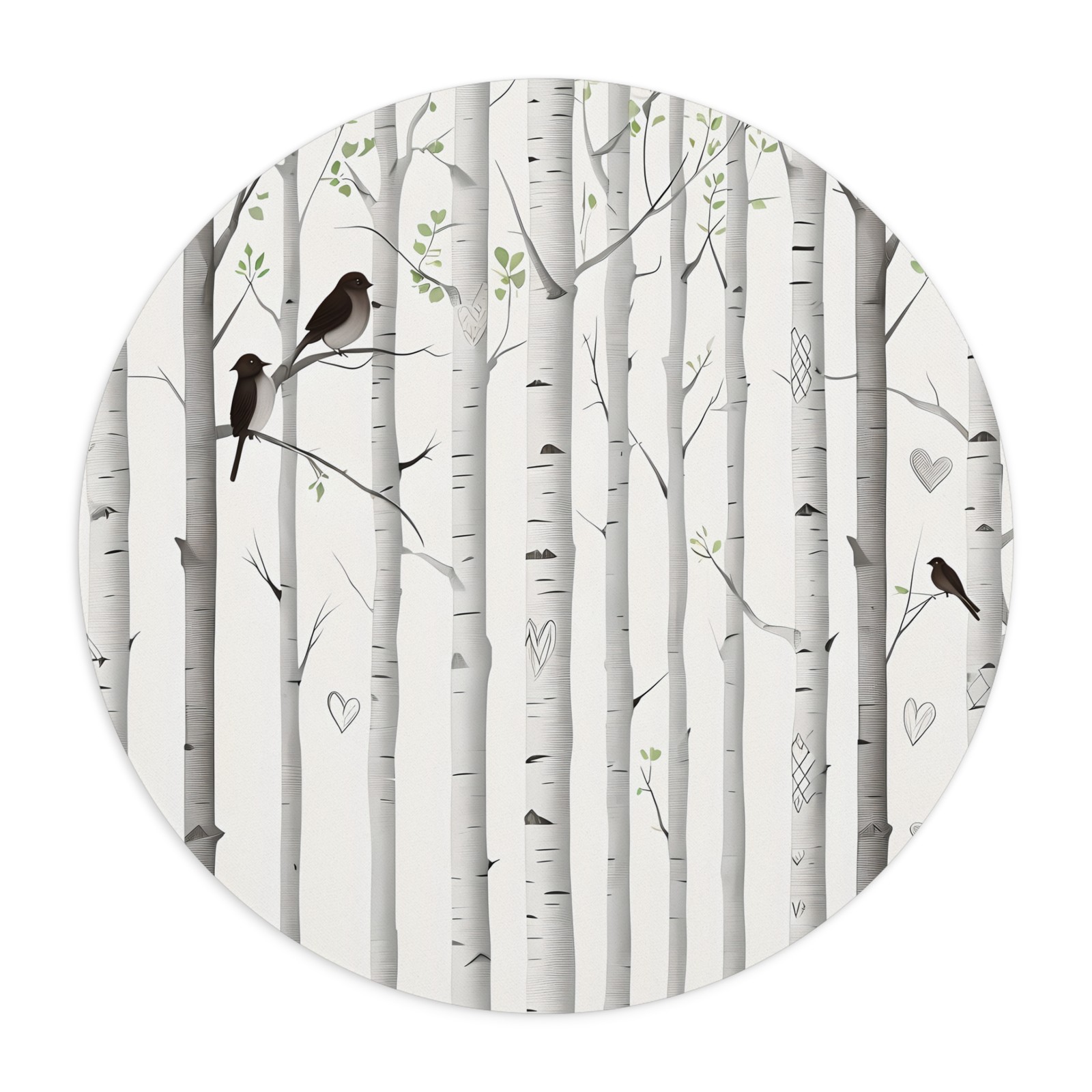 Birch Tree Birds Mouse Pad | Woodland birch forest with carved hearts