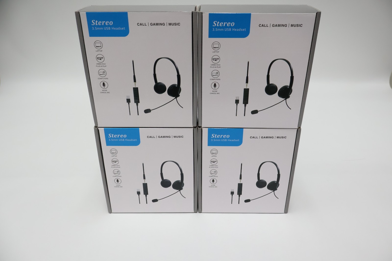 Lot of 4 USB 3.5mm Stereo Headsets w/ Noise-Canceling Mic