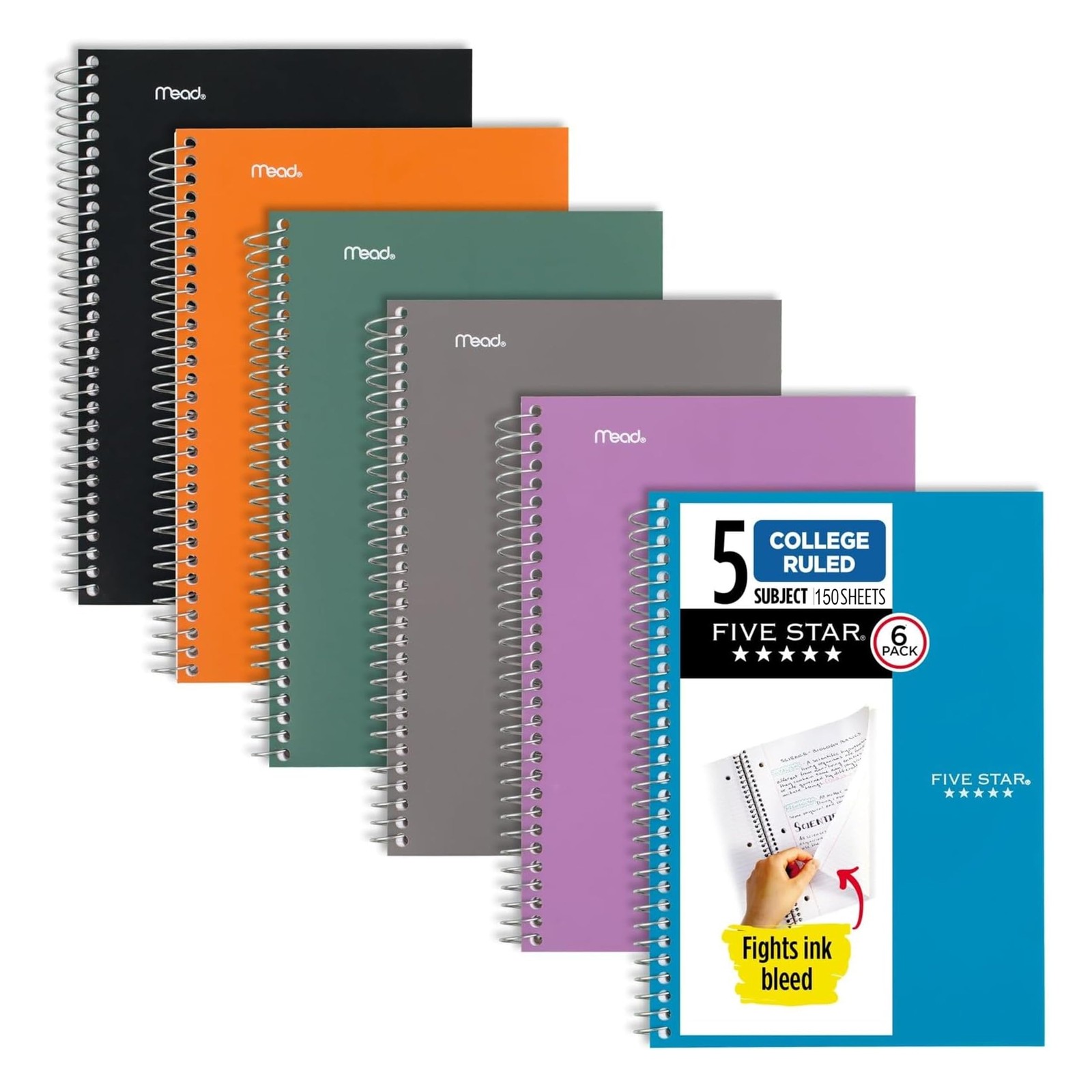 Five Star 5 Subject Spiral Notebook College Ruled 6x9.5 150 Sheets 6 Pack