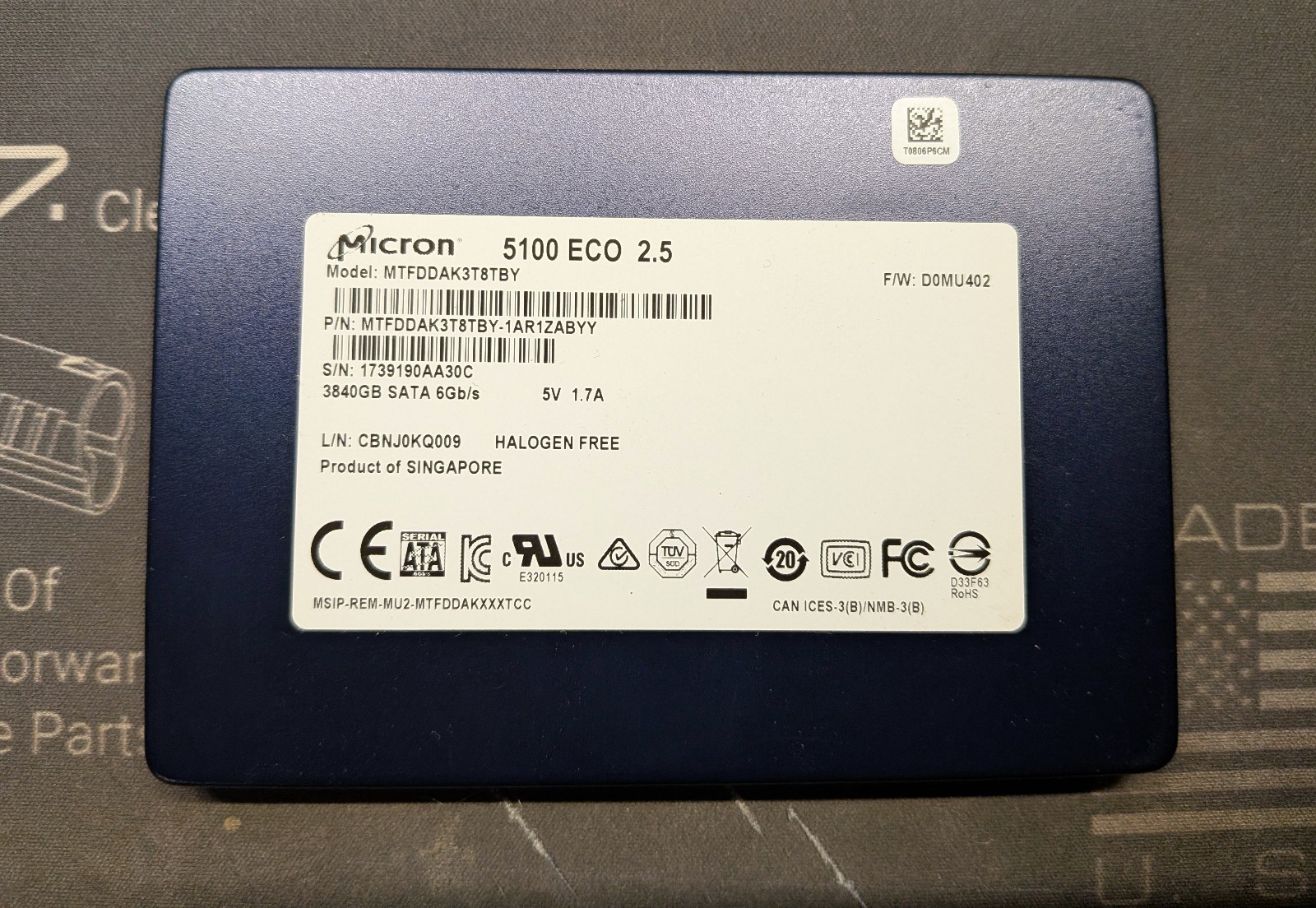 Micron 3.84tb SSD SATA / MTFDDAK3T8TBY / 5100 ECO 2.5" 6Gbs / 100% / LOW HOURS