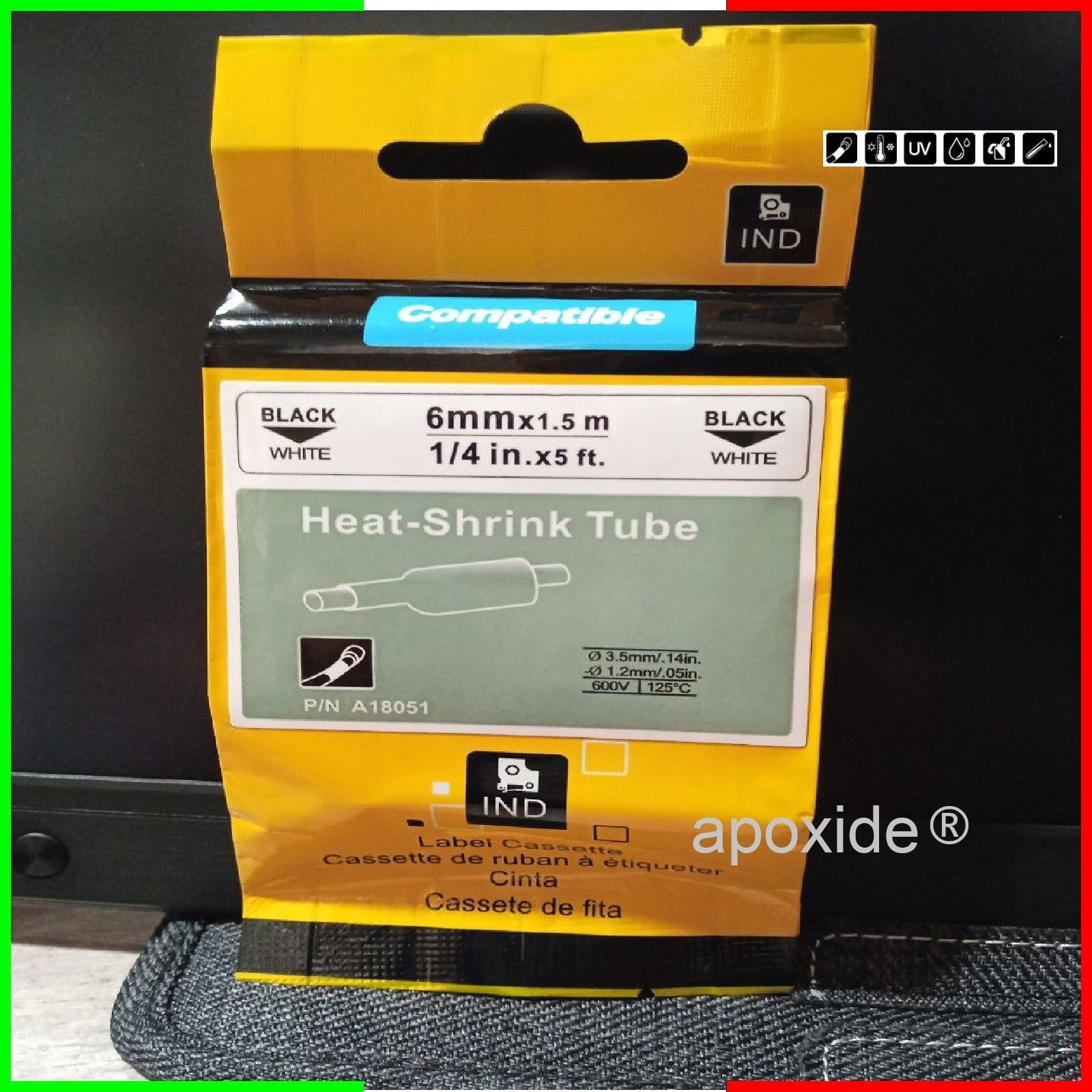 COMPAT-DYMO® A18051 RHINO™CART★B&W HEAT-SHRINK TUBE Ø6mmx1.5m★THERMAL STRINGENT