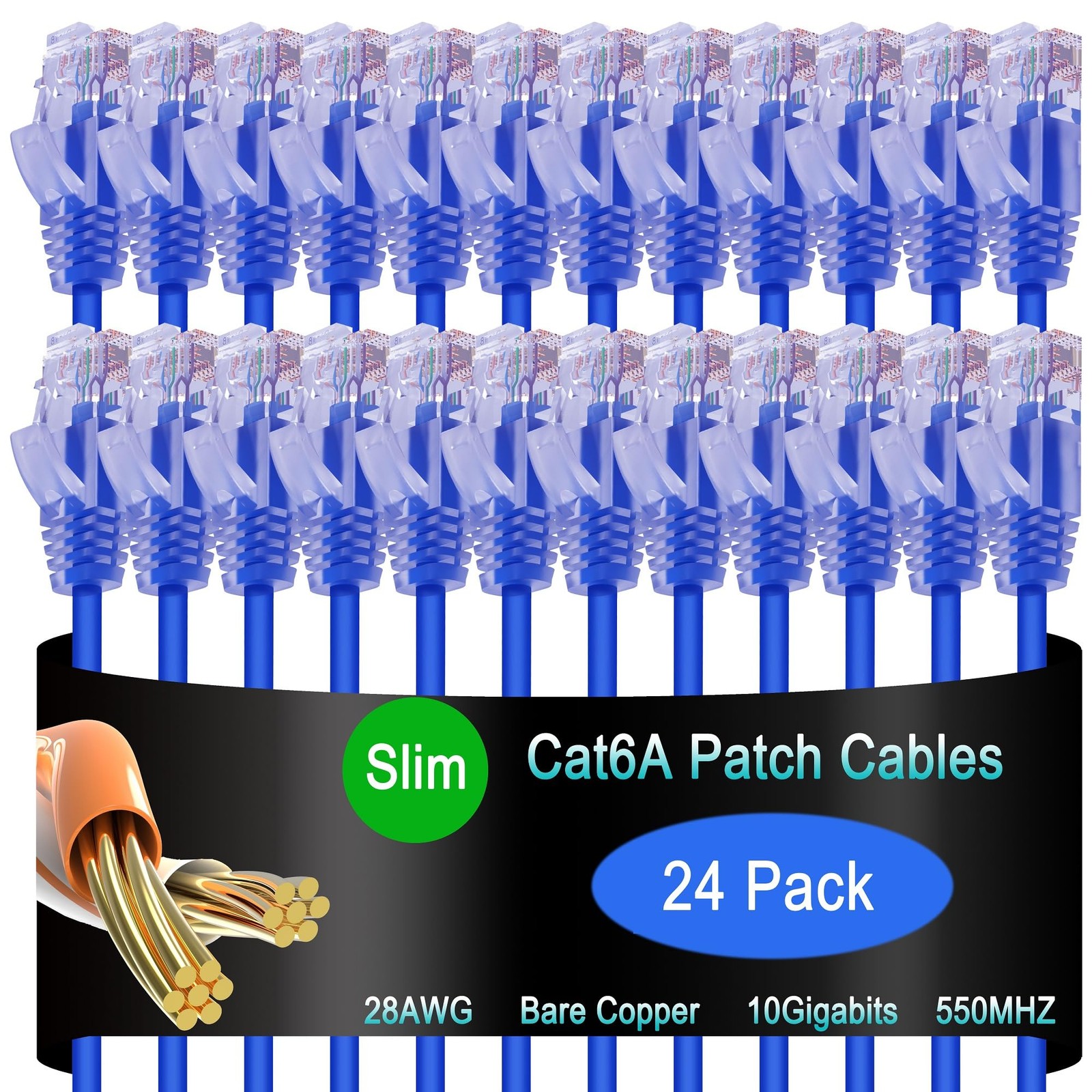 24 PCS Cat6a Slim Ethernet Patch Cable 3 ft 10G Data Center Network Blue