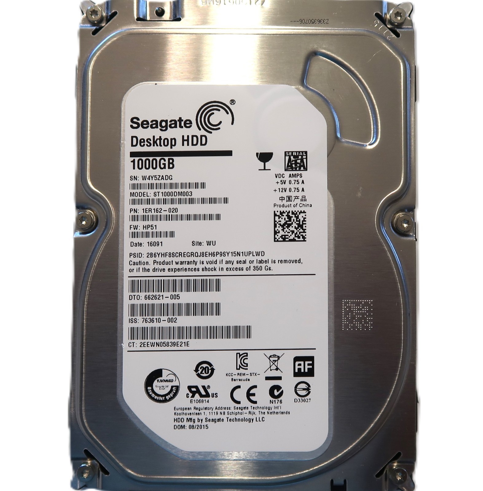 Seagate ST1000DM003 1ER162-020 HP51 WU (W4Y5) China 1TB 3.5" Sata HDD 08/2015