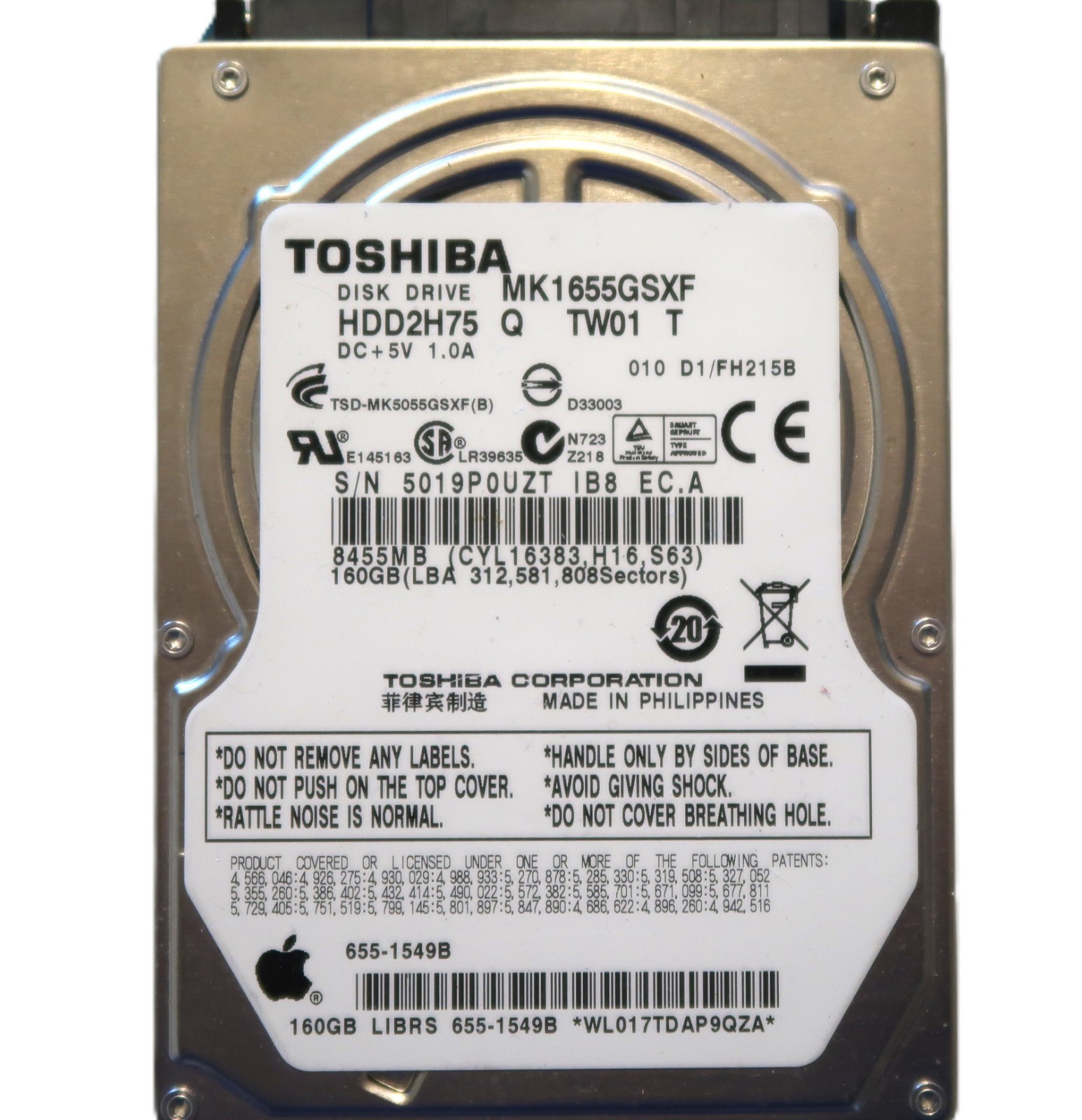 Toshiba MK1655GSXF (HDD2H75 Q TW01 T) 010 D1/FH215B 2.5" 160GB Sata 655-1549B