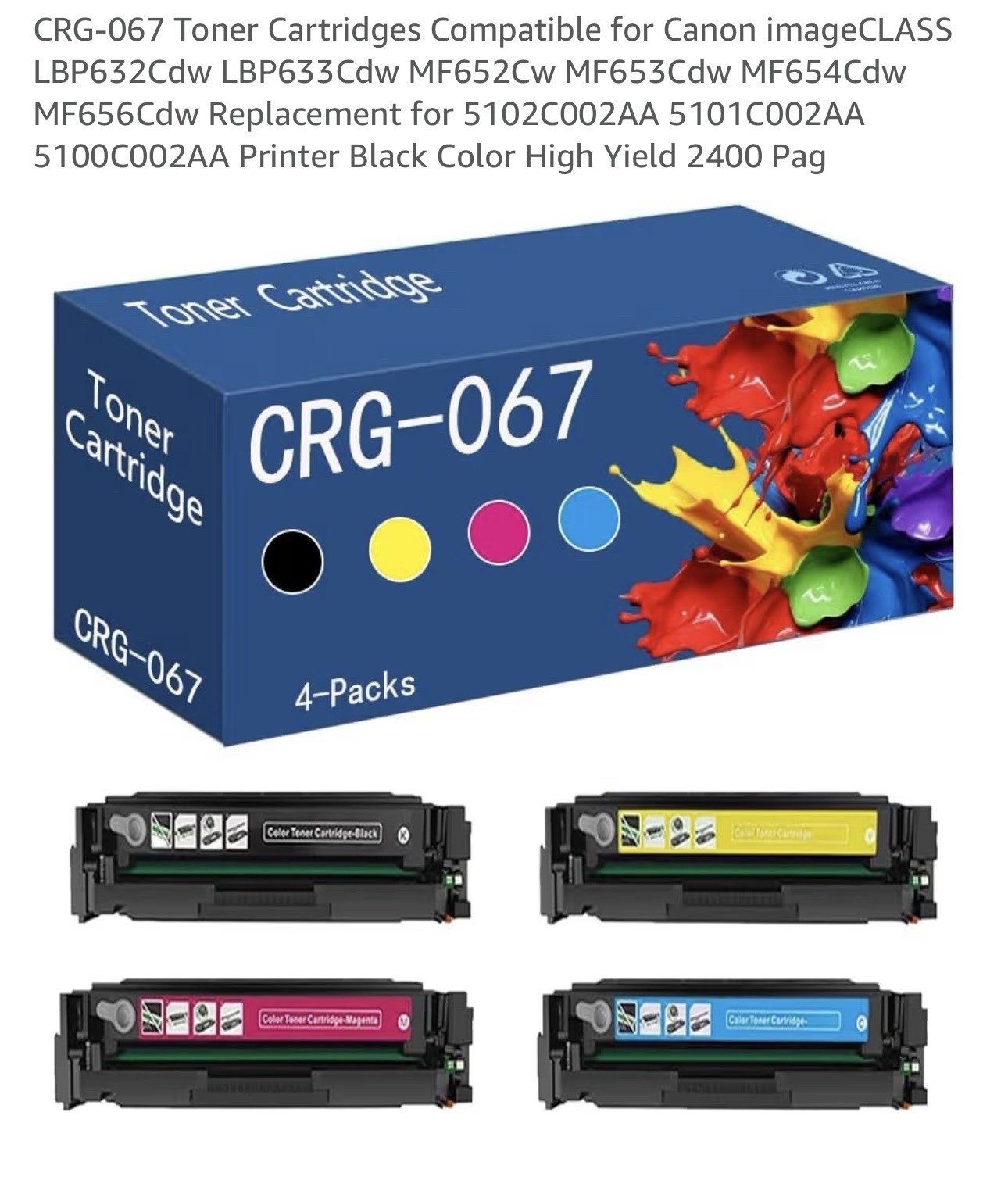 4 Pieces CRG-067 Toner Cartridges Compatible for Canon imageCLASS LBP632Cdw
