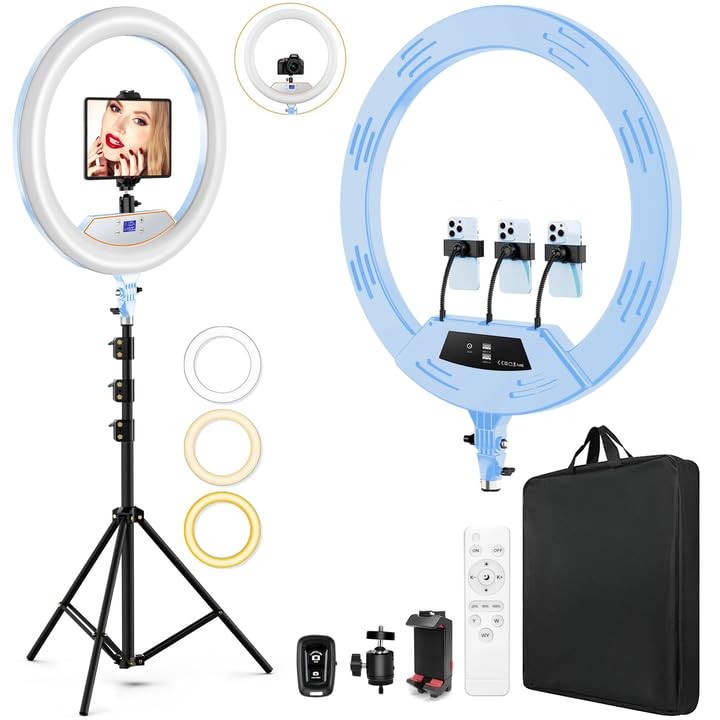 22" LED Ring Light, with 75" Tripod/LCD Display/3+1 Phone Clips/ 2 USB Blue