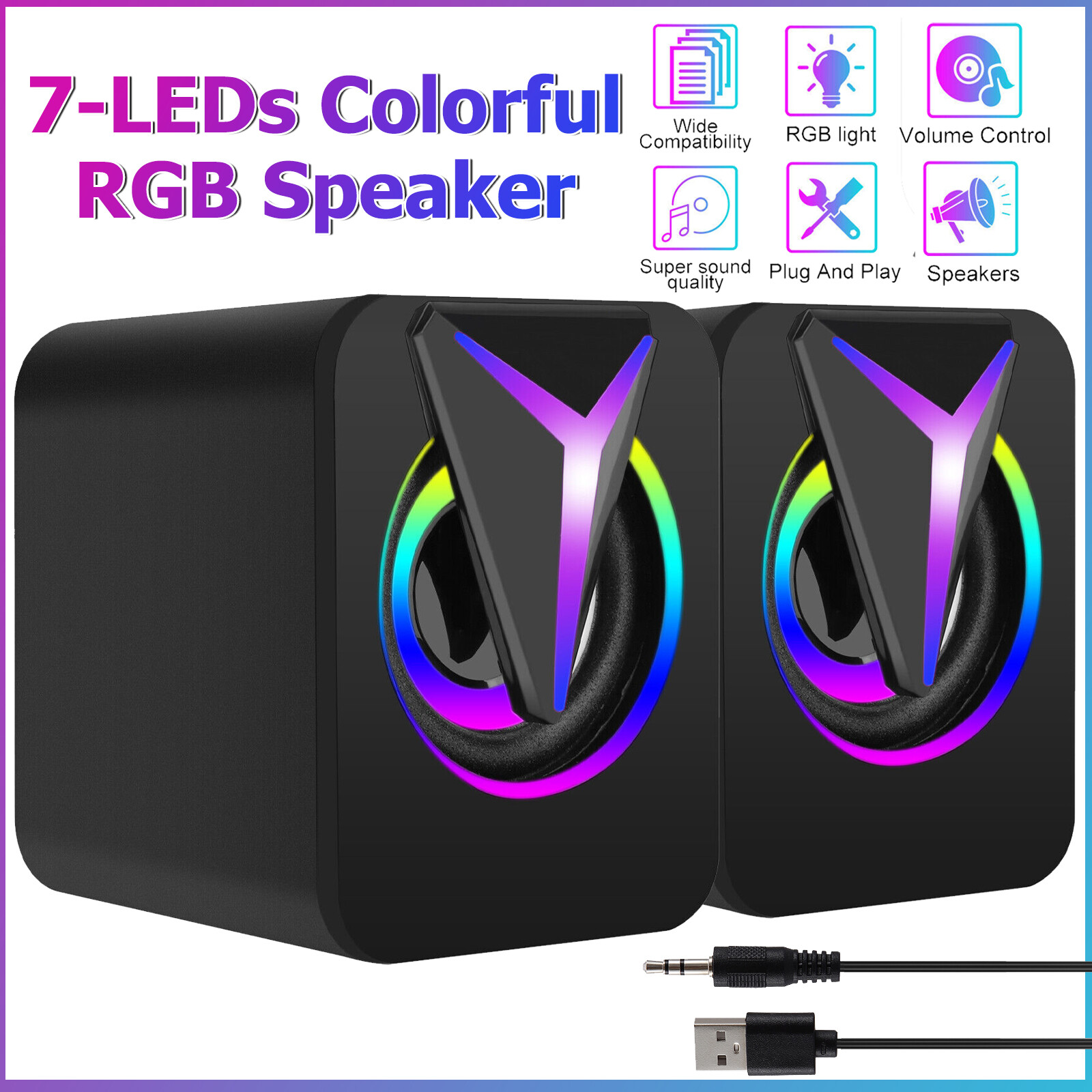 3.5mm RGB LED Mini USB Wired Computer Speakers Stereo Bass For PC Laptop Desktop