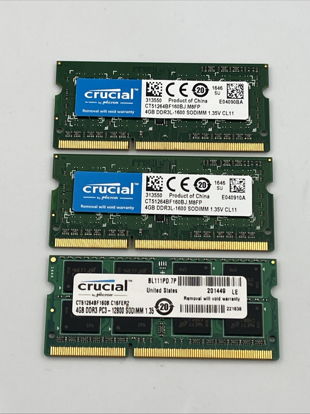 Crucial 4GB DDR3L-1600 SODIMM Laptop Memory Lot of 3 12GB Total Untested 