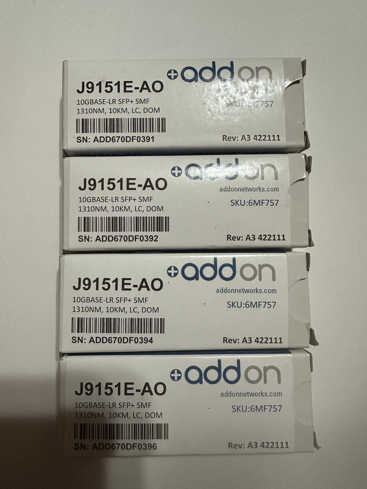 Addon Lot Of 4 J9151E-AO 10GBASE-LR SFP + SMF 1310NM, 10KM, LC, DOM