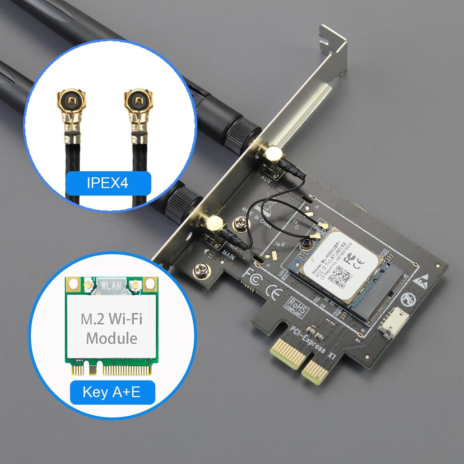 WA01 M.2 E Key to Pcie X1 Wifi Bluetooth Adapter for M.2 Wifi 4/5/6/6E/7/Cora...