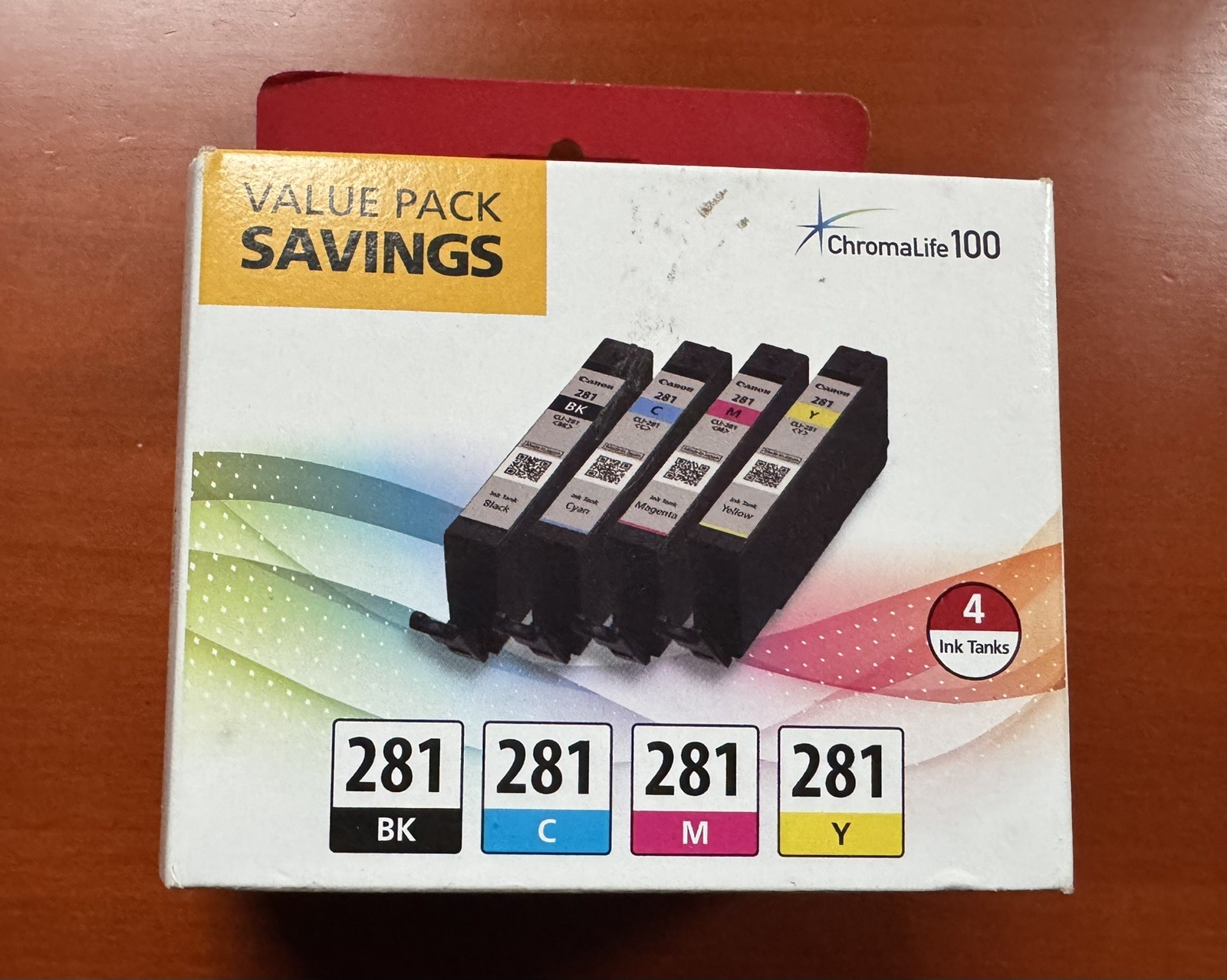 New, Sealed Genuine Canon CLI-281 4-Color Ink Value Pack BK/C/M/Y ChromaLife100