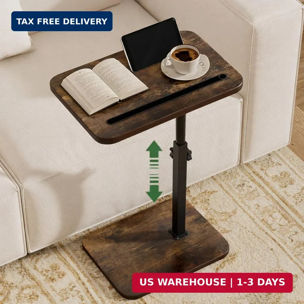 TV Tray Side Table for Couch - 360° Swivel Adjustable Height Rotating Sofa Table