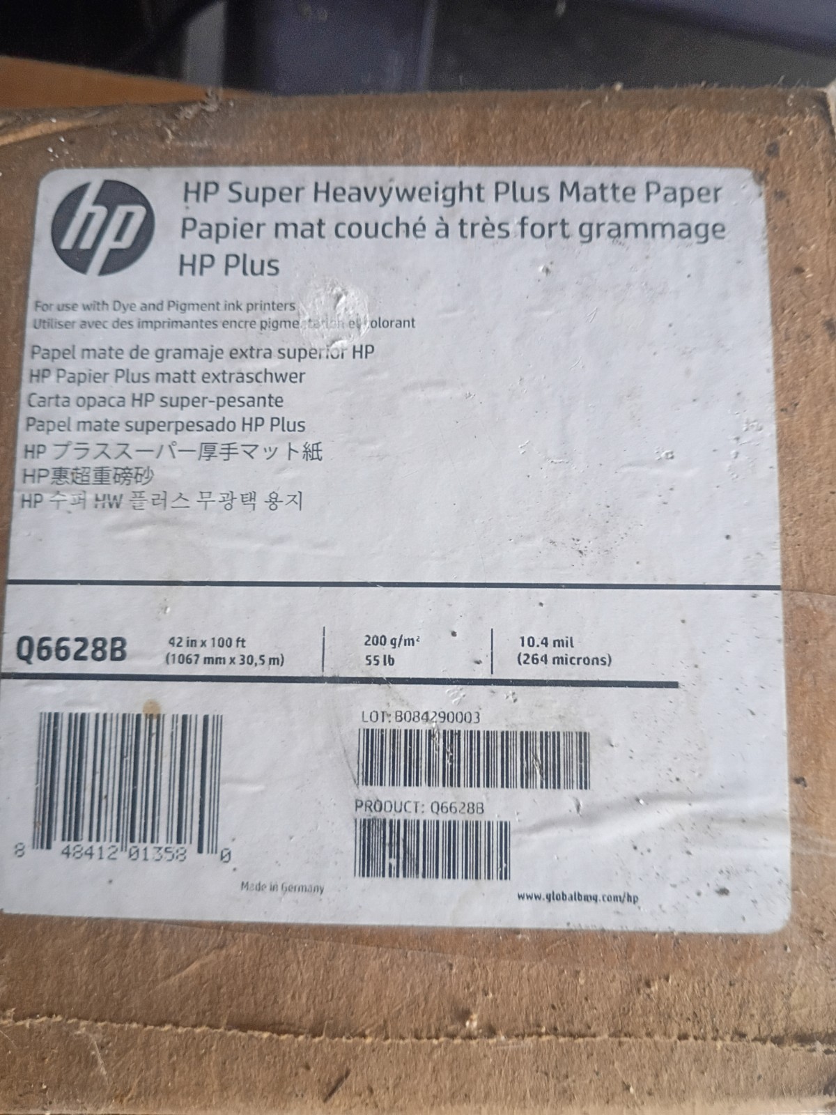 HP Super Heavyweight Plus Matte Paper, 42" x 100 ft, White Matte Q6628B 10.4 Mil