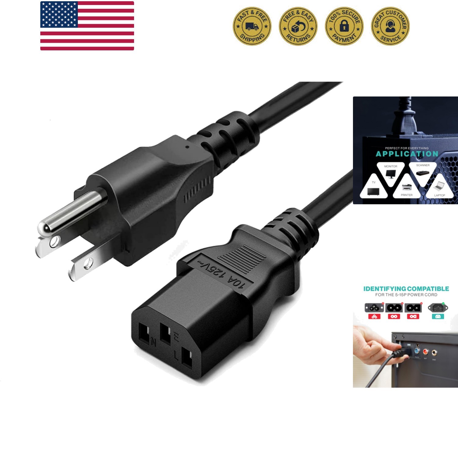 Durable 3ft 10A AC Power Cord - Black Universal Fit for Electronics & Gadgets