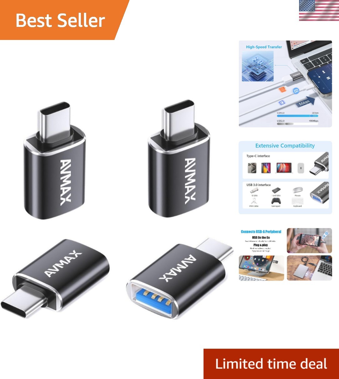 High-Speed USB 3.0 Type C Adapter 4-Pack - Connect All Your Devices Effortlessly