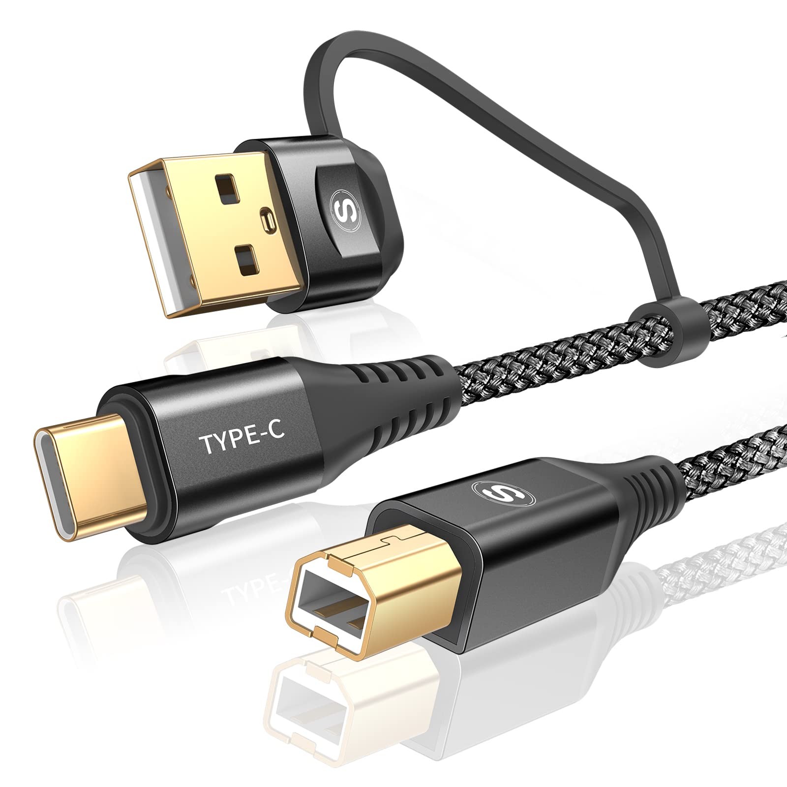 Printer Cable 2-in-1 USB-A/C to USB-B High Speed Braided 10ft, black