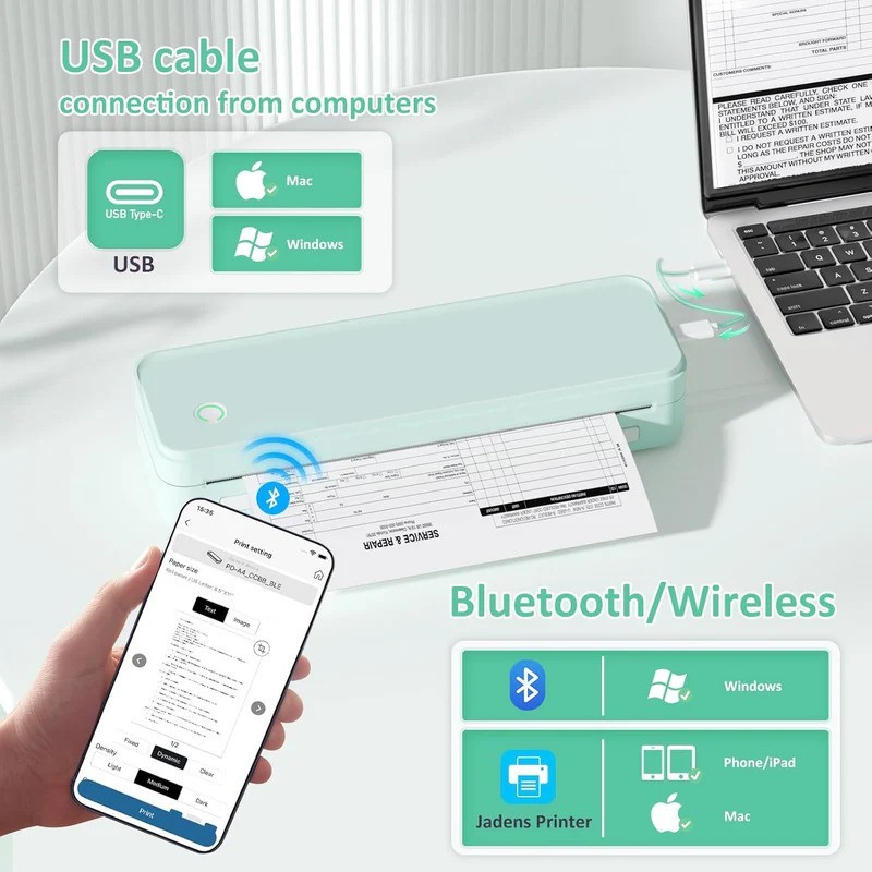 Jadens Portable Wireless A4 Printer PD-A4 Bluetooth Thermal Printer Green  Color
