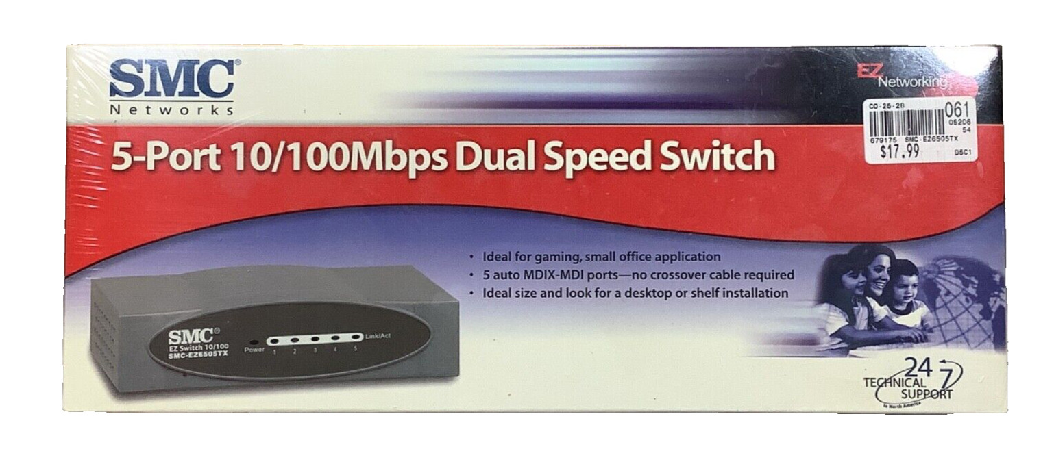 SMC Networks EZ6505TX 5-Port 10/100Mbps Dual Speed Switch 751.0179 Sealed New