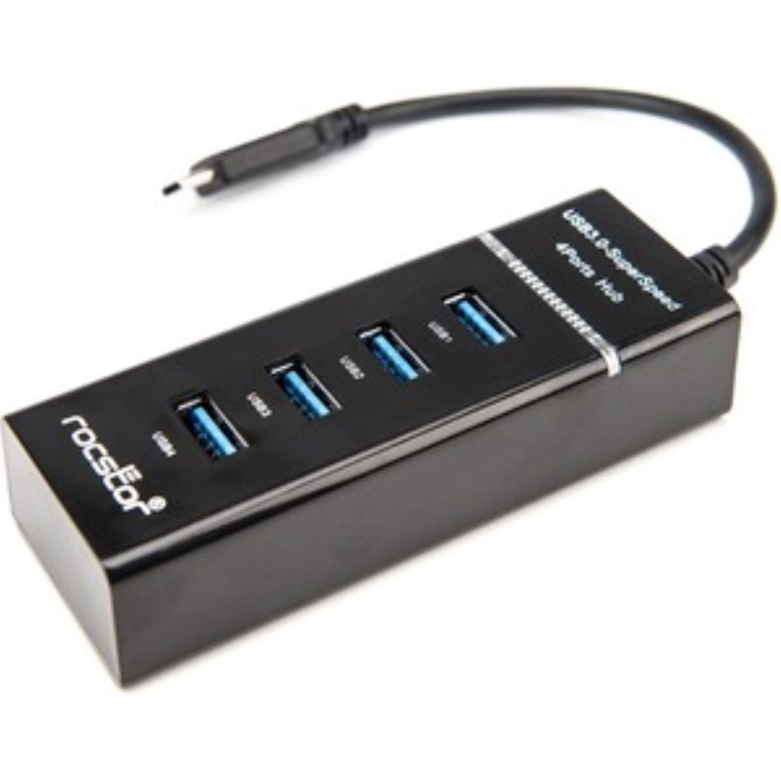 Rocstor Premium Slim Portable 4 Port Hub - USB-C to 4x USB-A - Black