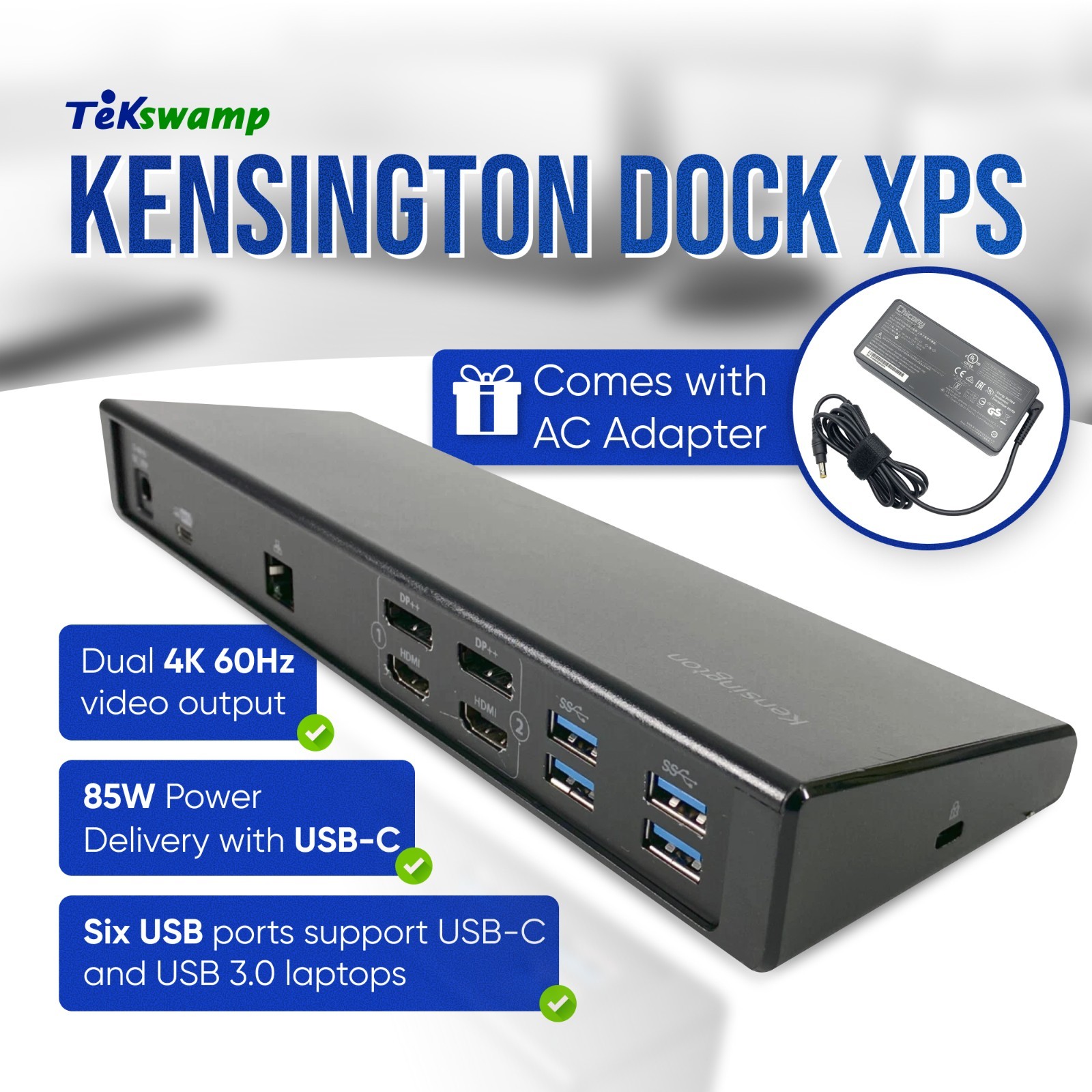 OEM Kensington USB-C Universal Dual 4K Dock Station for XPS 13 9343 9350 w/AC