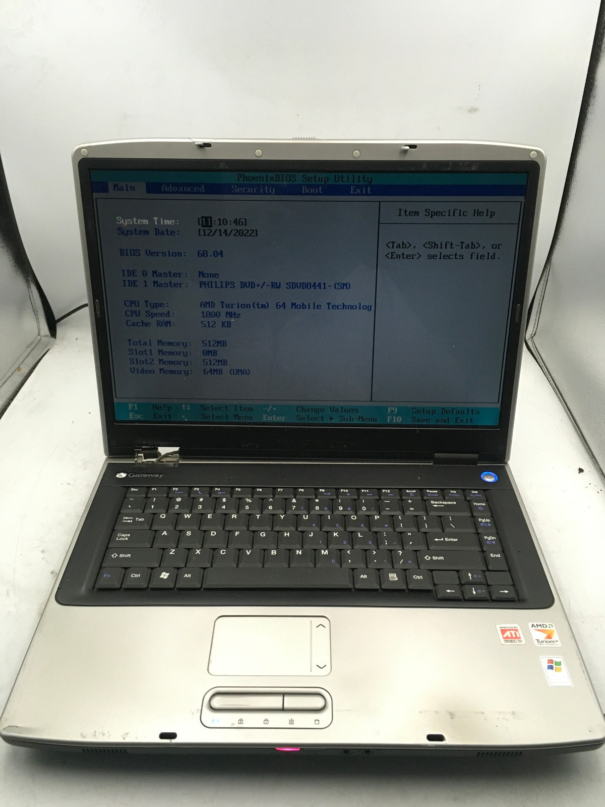 GATEWAY MA3 MX6421 - BOOTS TO BIOS - AMD TURION 64 - 512MB RAM -READ DESCRIP- BB