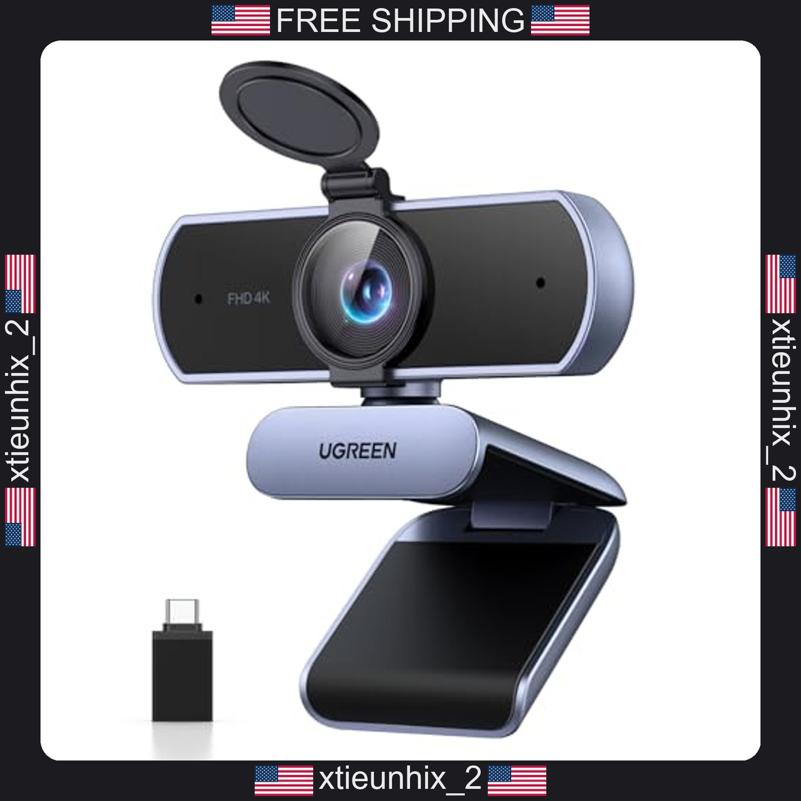 4K Webcam with Auto-Focus Dual Microphones Privacy Cover for PC
