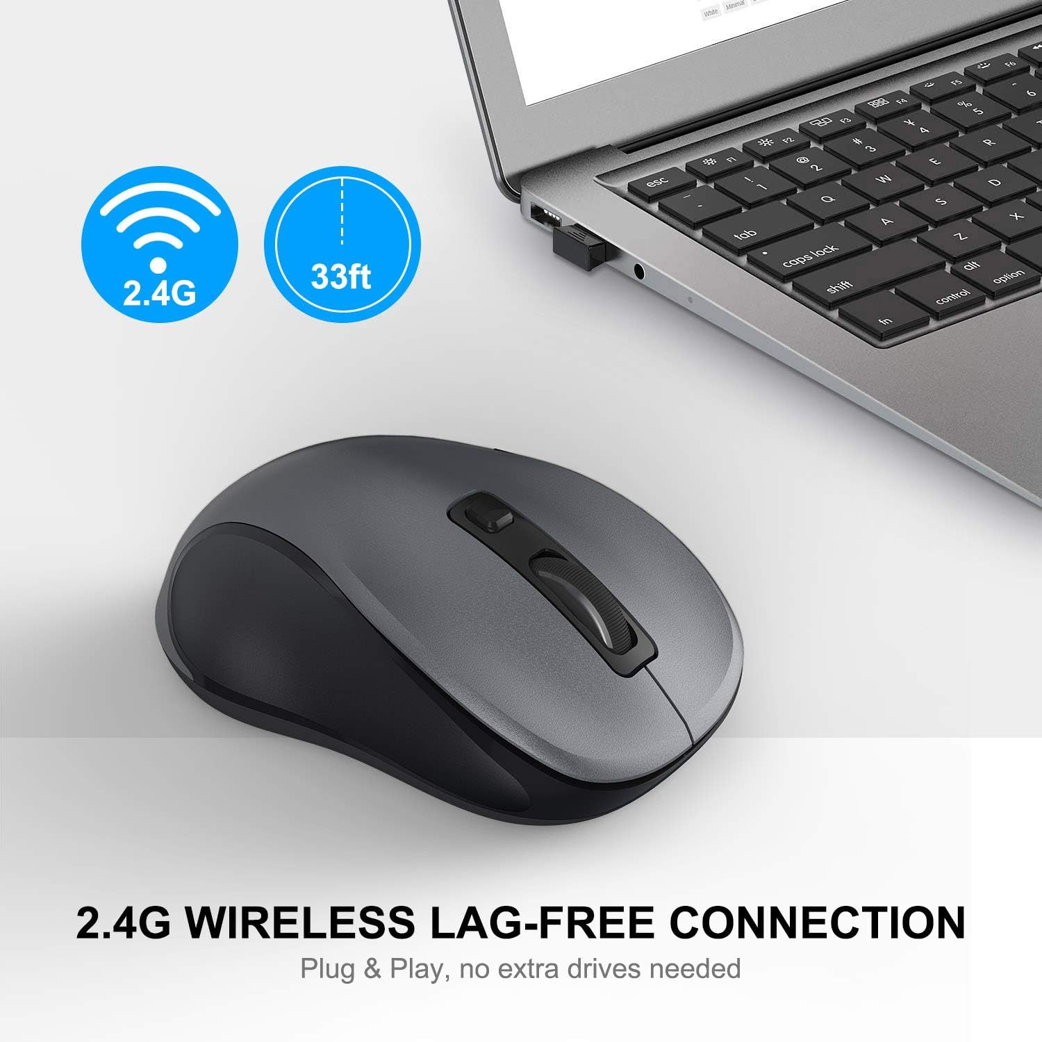2.4GHz Wireless Mouse for Laptop, Ergonomic 6-Button Design, Grey