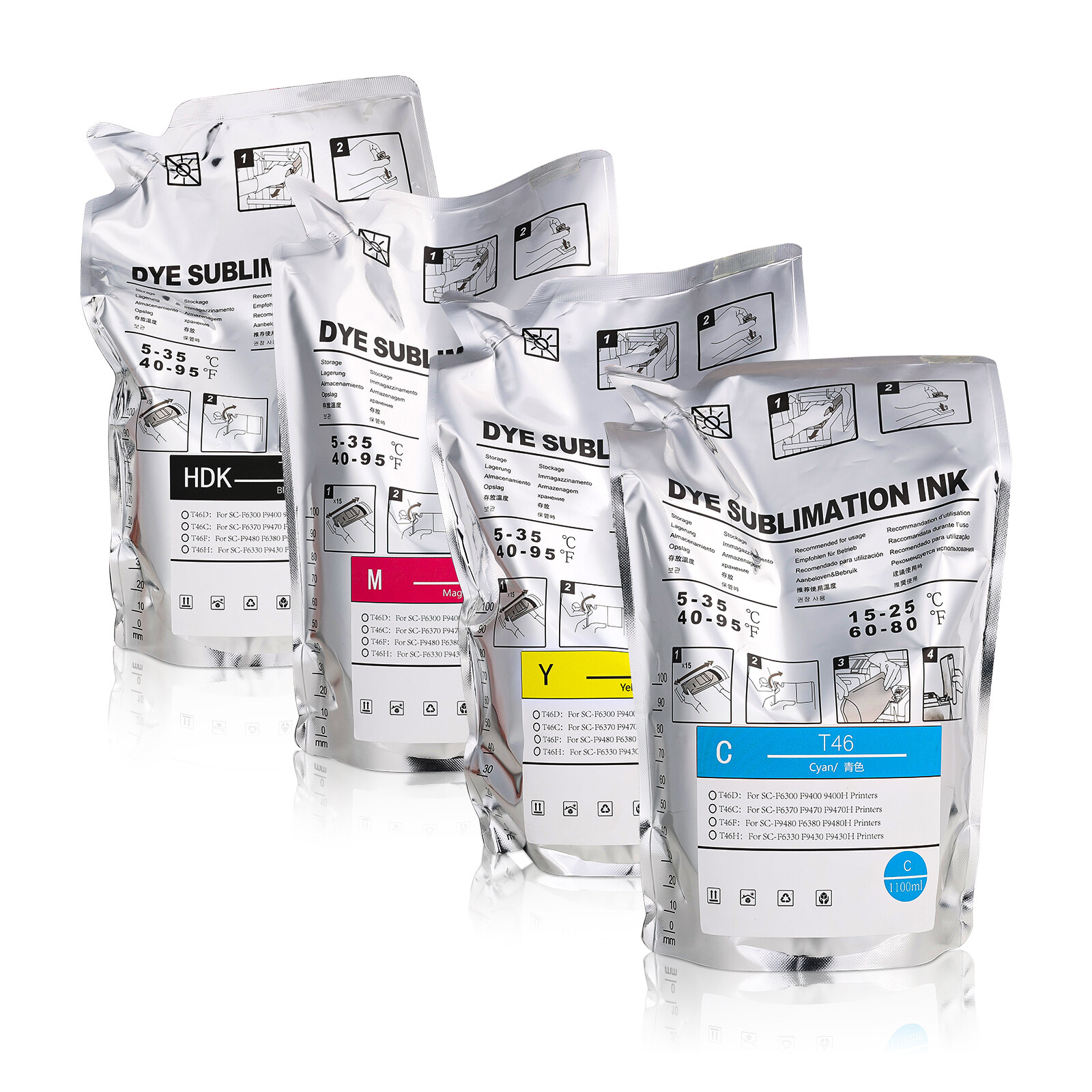 4 Pc 1100ML Dye Sublimation Ink Bag for Epson F6370 F9470 F9470H F6300 F9400
