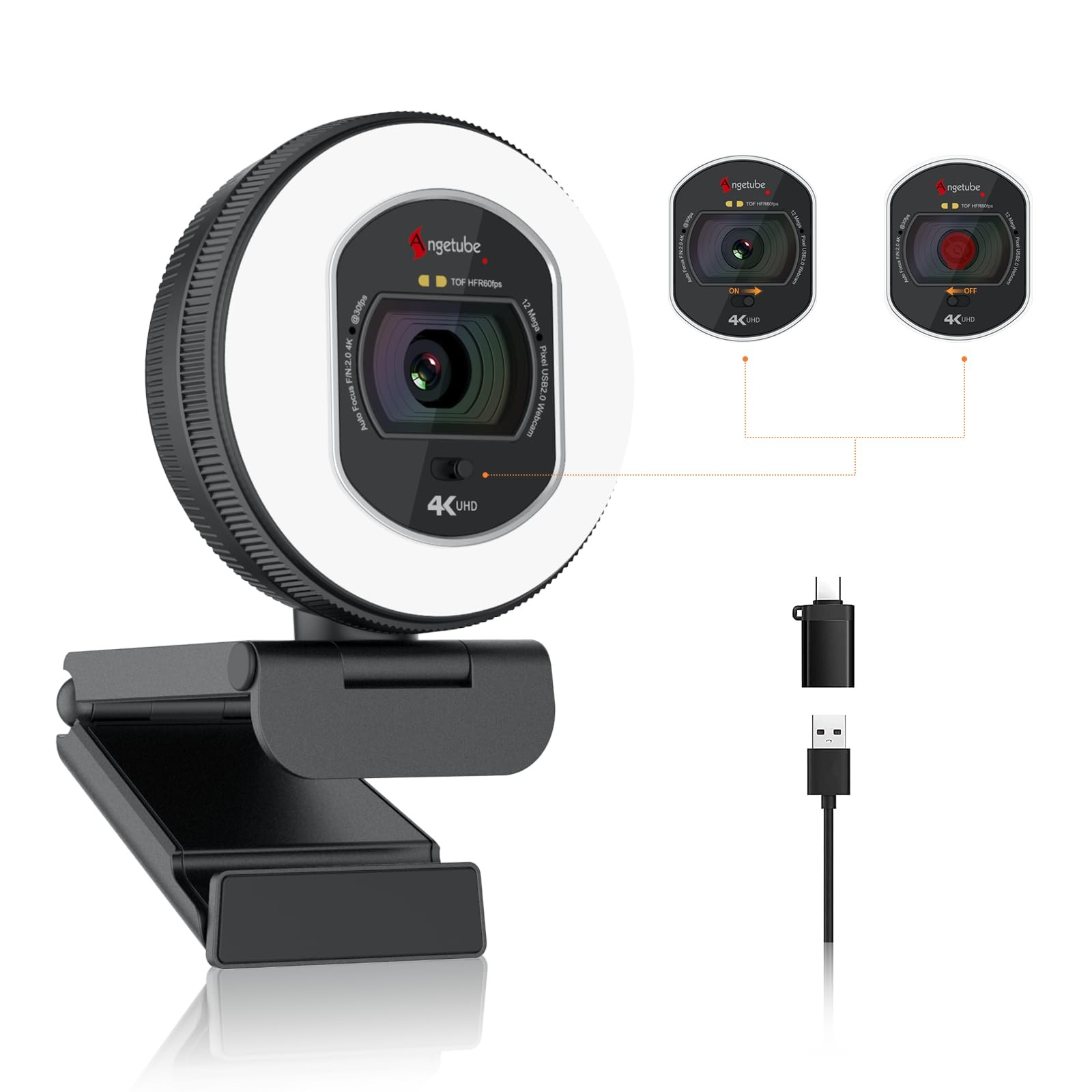 Angetube 4K Webcam with Light for PC, UHD Computer Web Camera for Desktop