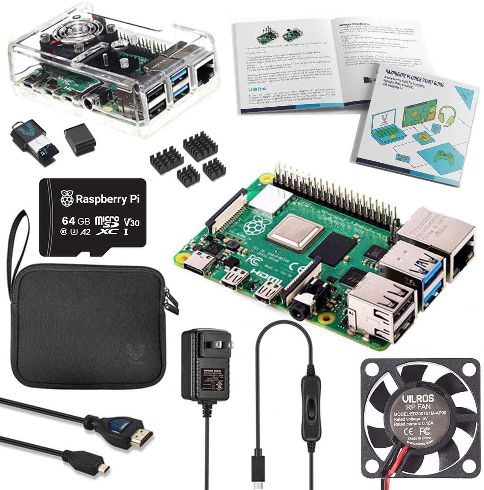 Raspberry Pi 4 Starter Kit Complete Includes 64GB Micro SD Fan Case Power Supply