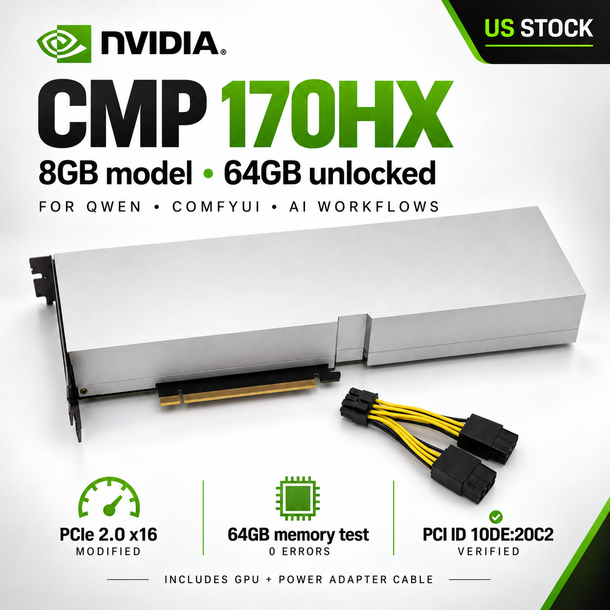 US Stock NVIDIA CMP 170HX 8GB HBM2e 64GB Unlocked AI GPU Tested PCIe 2.0 x16 Mod