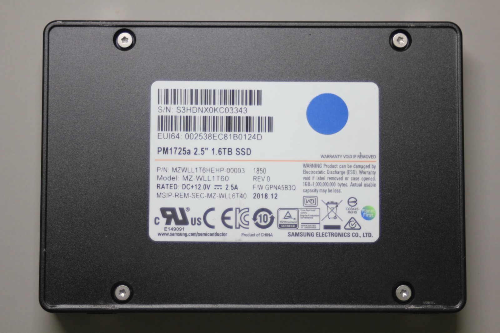 Samsung PM1725a 1.6TB 2.5" U.2 PCIe x4 NVMe SSD MZ-WLL1T60 90-99% Health
