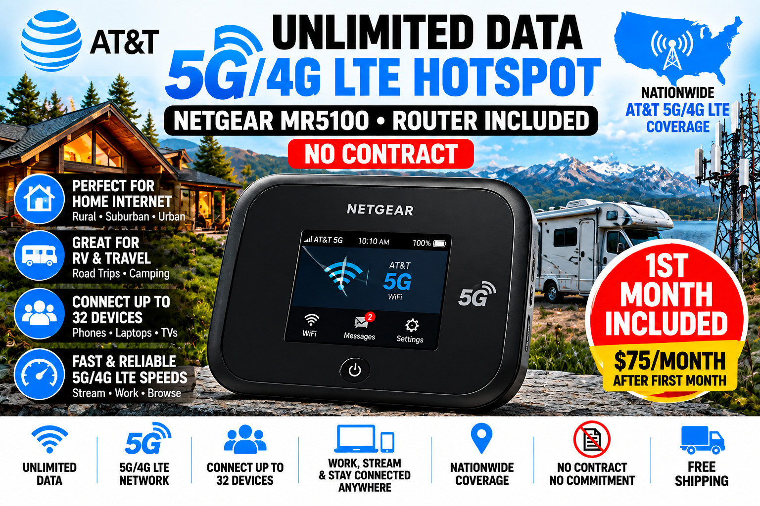 NETGEAR MR5100 5G Hotspot Rural Internet RV WiFi Unlimited Data AT&T 30 Days