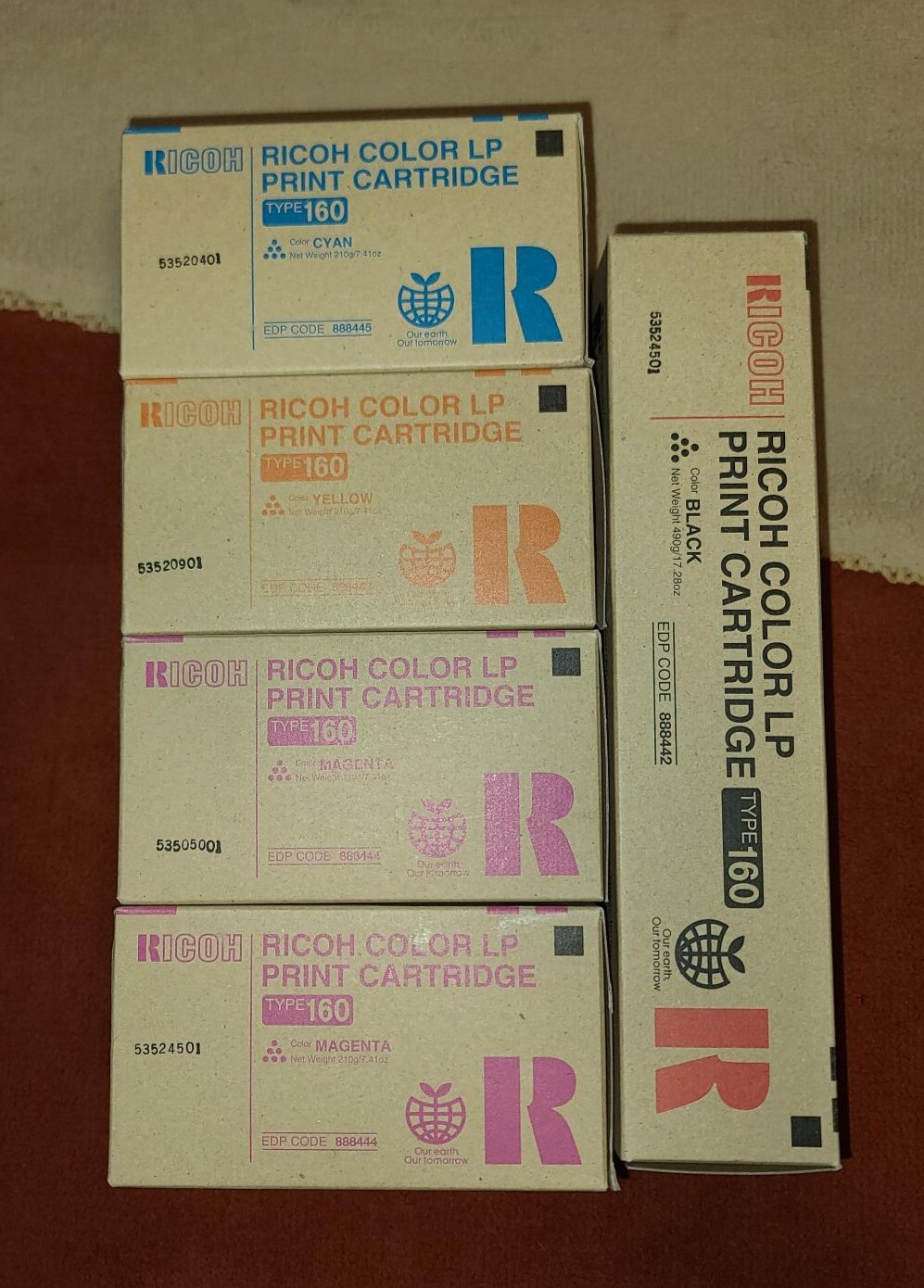 RICOH TONER CARTRIDGE BLACK x1, CYAN x1, YELLOW x1, MAGENTA x2 TYPE 160 (Total=5