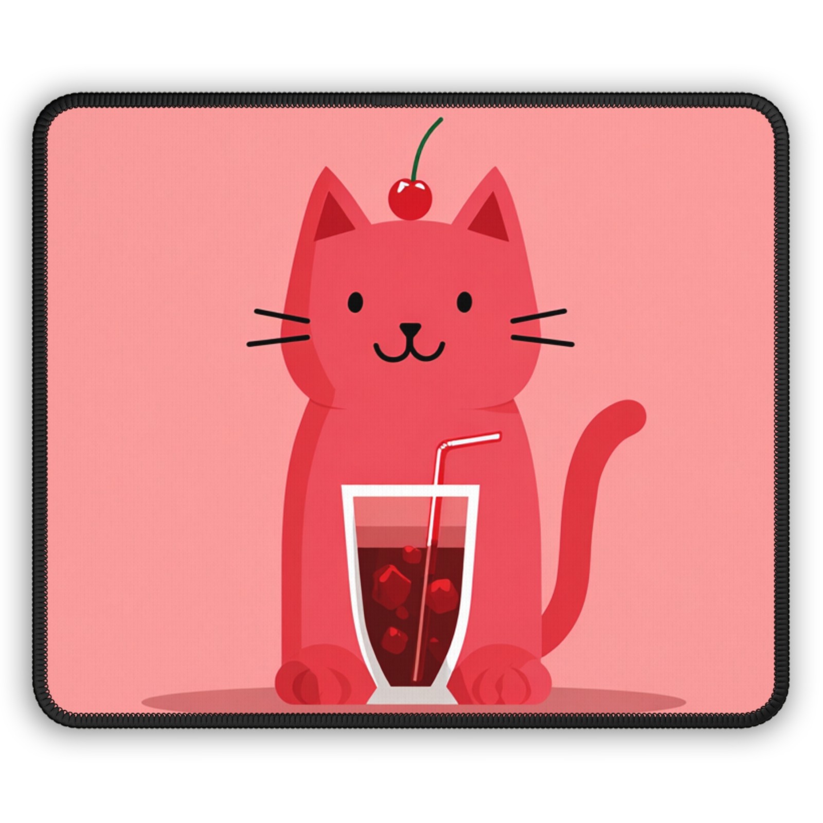 Cherry Cat Gaming Mouse Pad | Cute Pink Cat with Cherry Soda