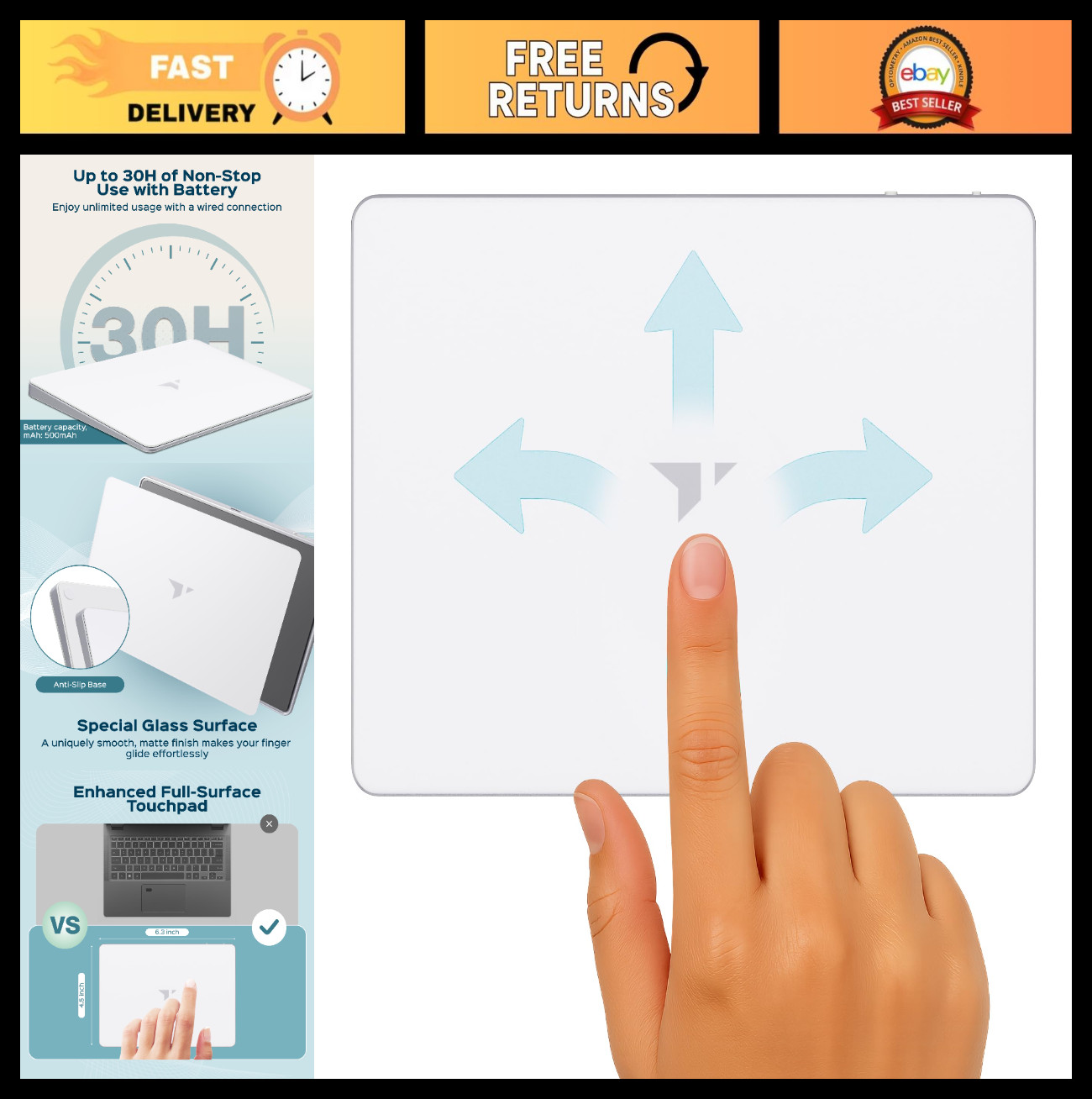 Wireless Touchpad, Bluetooth 2.4GHz, Type-C Rechargeable, Multi-Device, 30H Use,