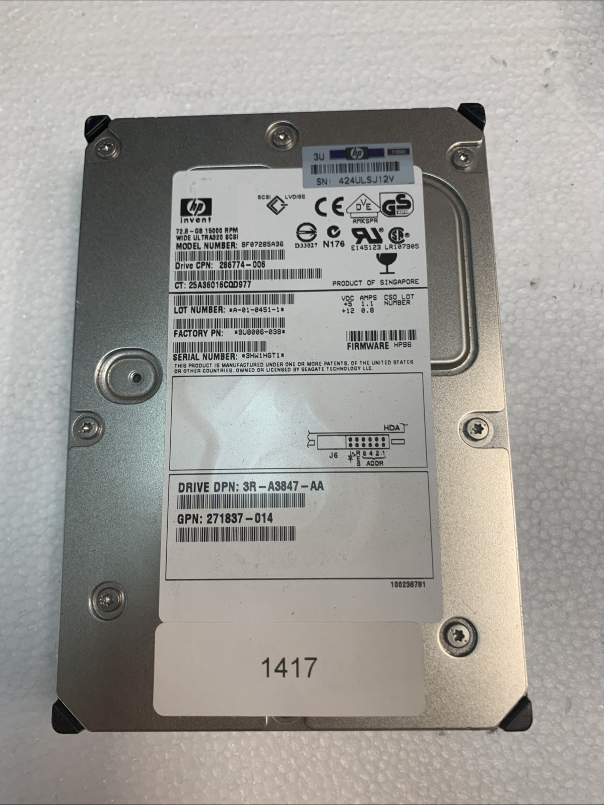 HP 72.8GB 15000RPM 3.5" 80-PIN HARD DRIVE BF07285A36  286774-006  271837-014