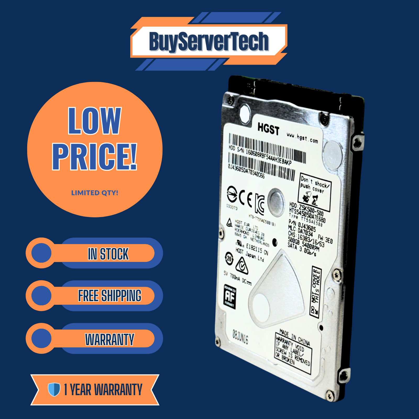HGST HTS545050A7E680 500GB 2.5" SATA 5400RPM | PS3 PS4 Xbox Laptop | 0HRS | 1YR