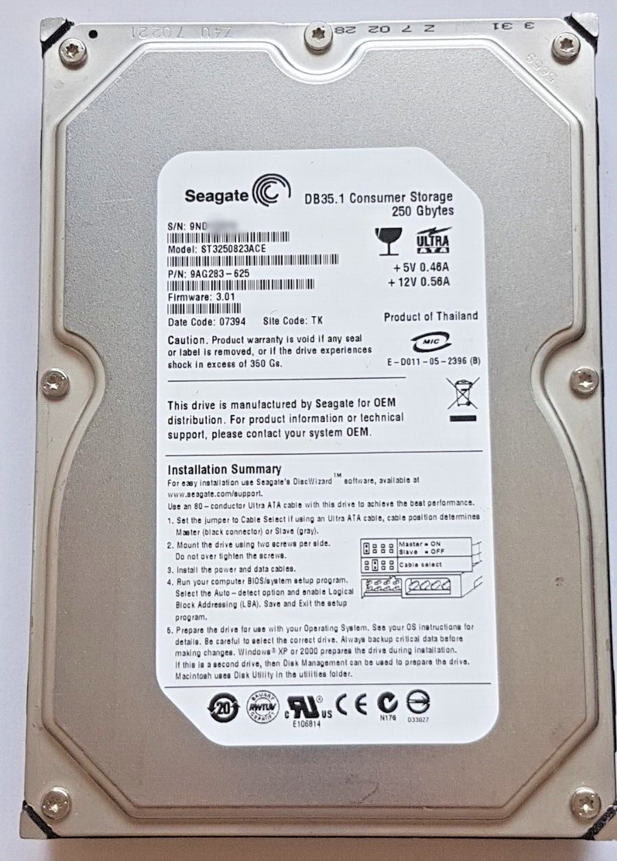 250GB IDE Seagate DB35.1 ST3250823ACE P-ATA 7200rpm 8MB HDD 3.5" Hard Drive