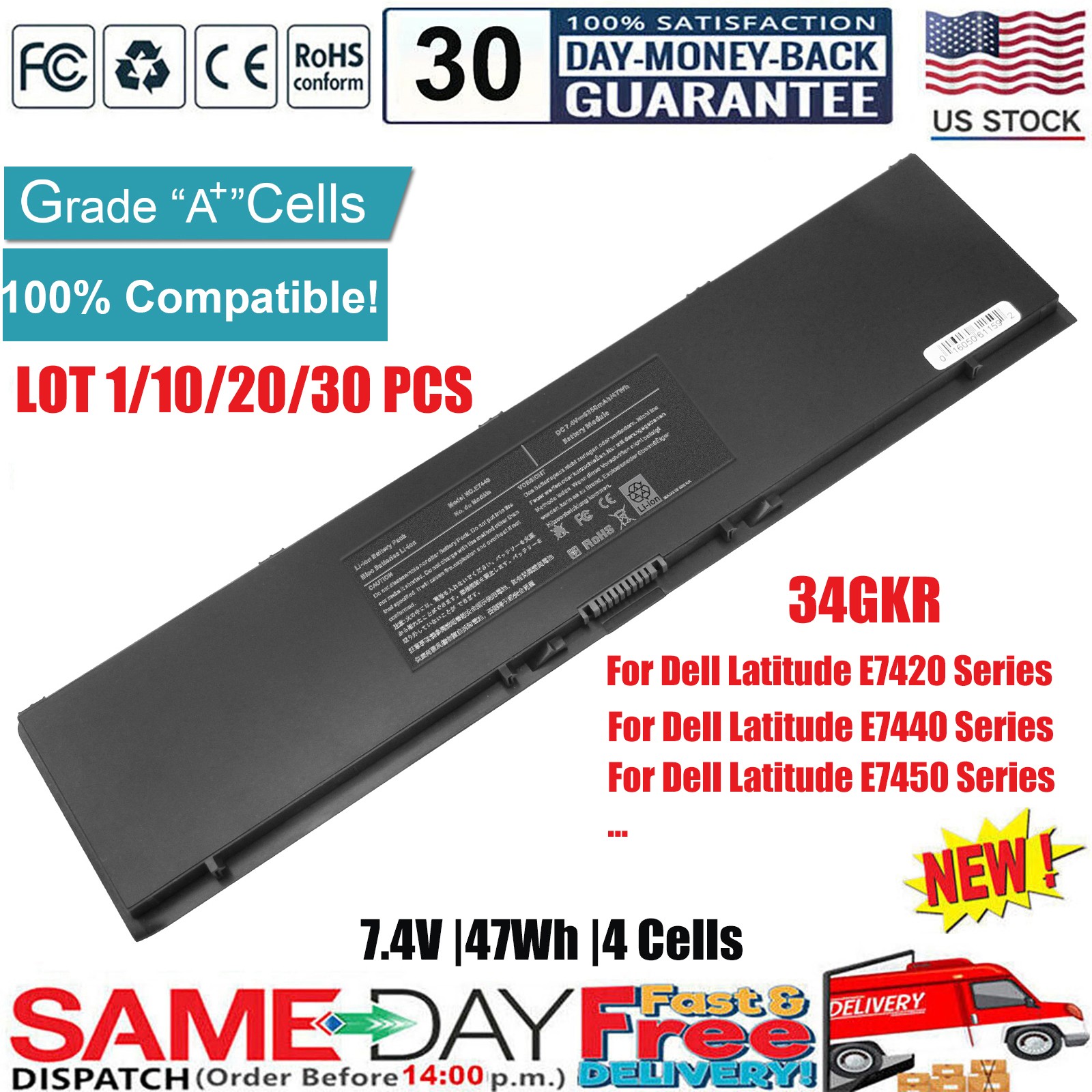 ✅LOT 1-100 PFXCR Laptop Battery For Latitude E7440 E7450 E7420 34GKR 3RNFD V8XN3