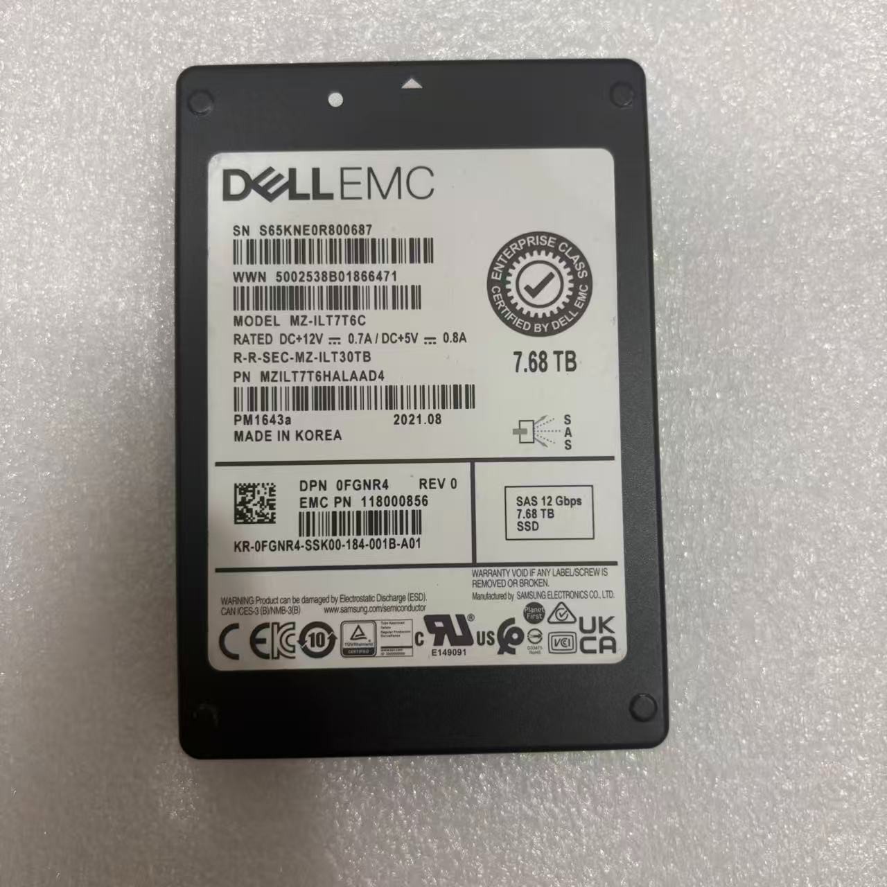 DELL 0FGNR4 118000856 MZILT7T6HALAAD4 MZ-ILT7T6C PM1643a 7.68TB SAS 12GB SSD