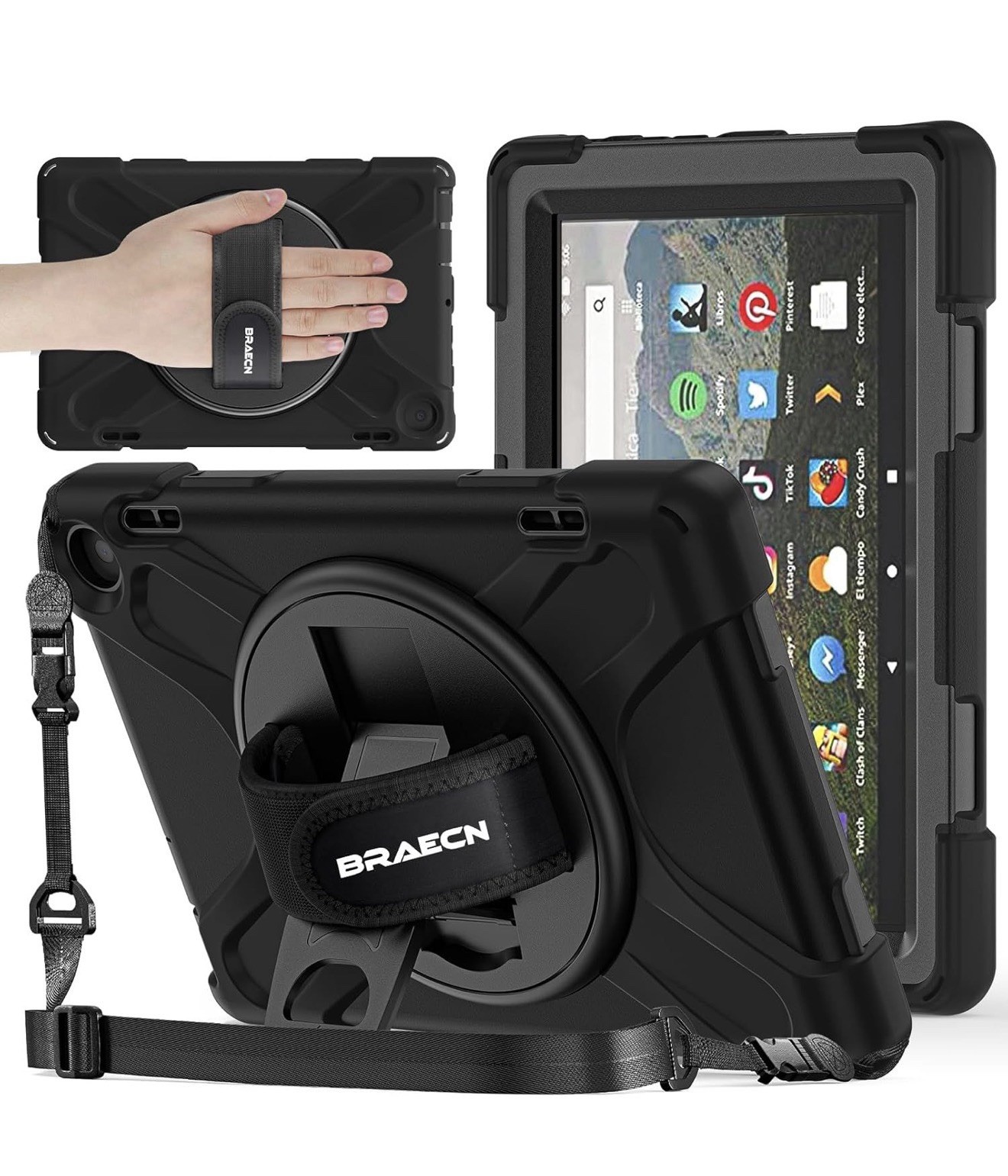 BRAECN Amazon Fire HD 8 12th Gen Rugged Case Stand Strap Black 2022/2024