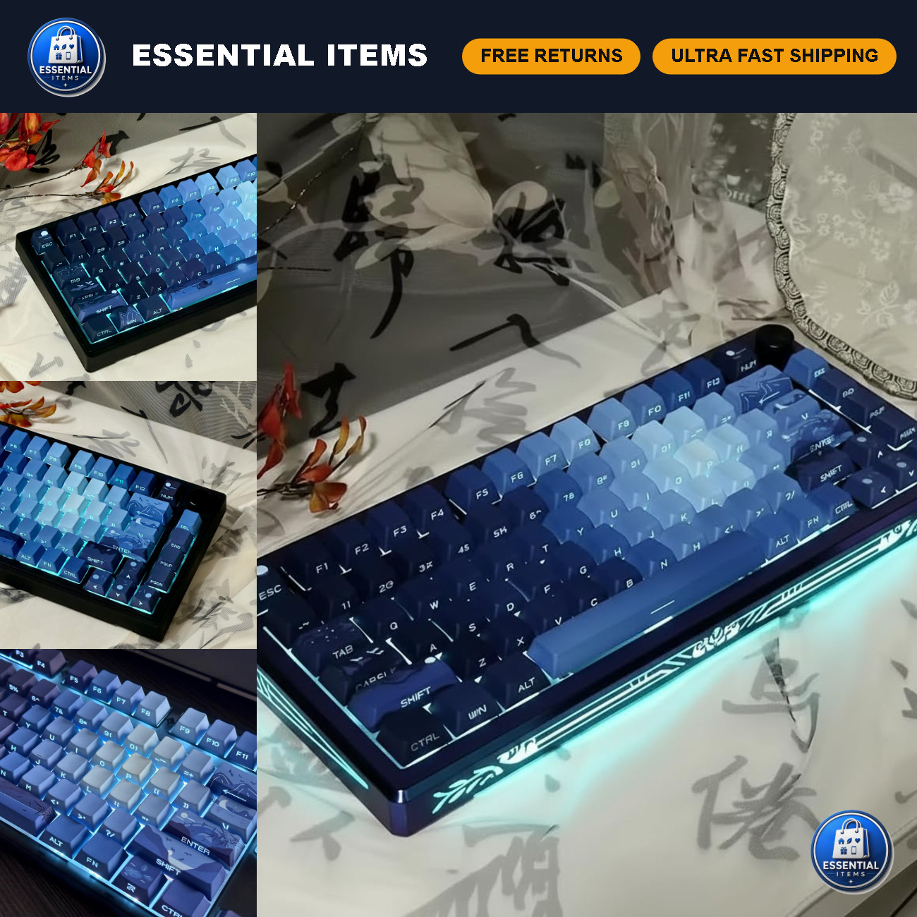 Custom Dark Blue PBT Moonlit Keycaps 128 Keys Cherry Profile Gradient for Mechan