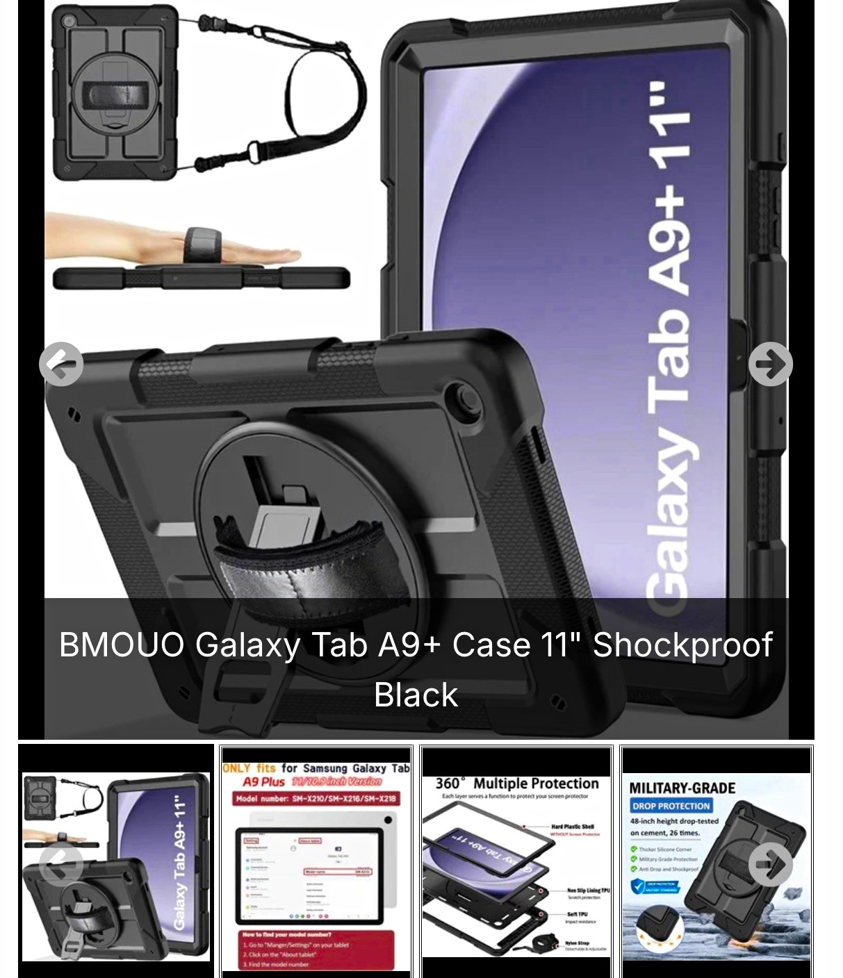 BMOUO Rugged Shockproof Case for Samsung Galaxy Tab A9+ 11 Black Stand/Straps
