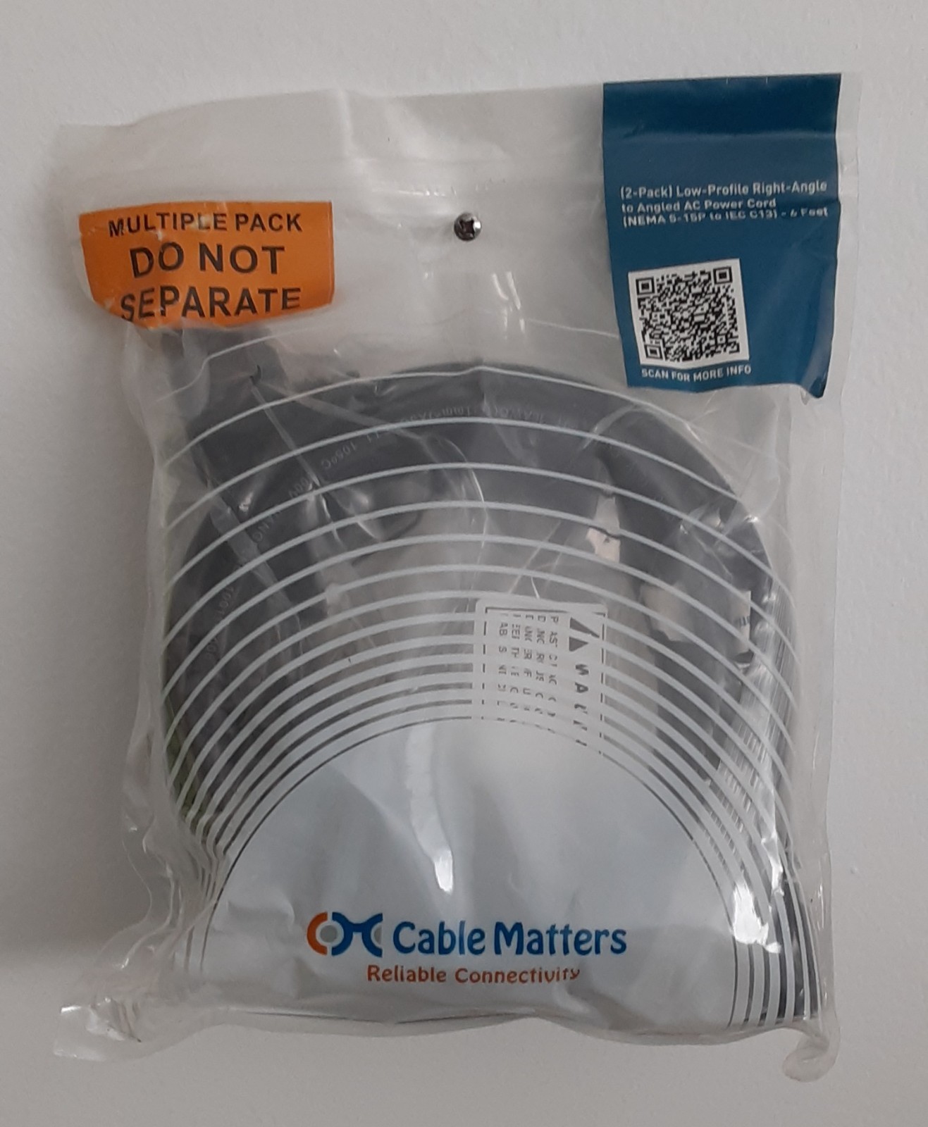 (2-pack) Cable Matters Low-Profile Right-Angle to Angled AC Power Cord - 6' Long