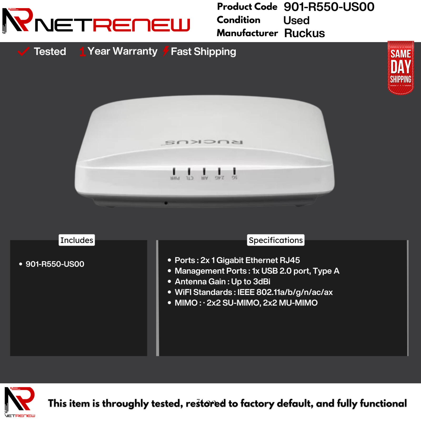 -Unclaimed- R550 901-R550-US00 Ruckus   Wi-Fi 6 Access Point  w/ Mounting Kit