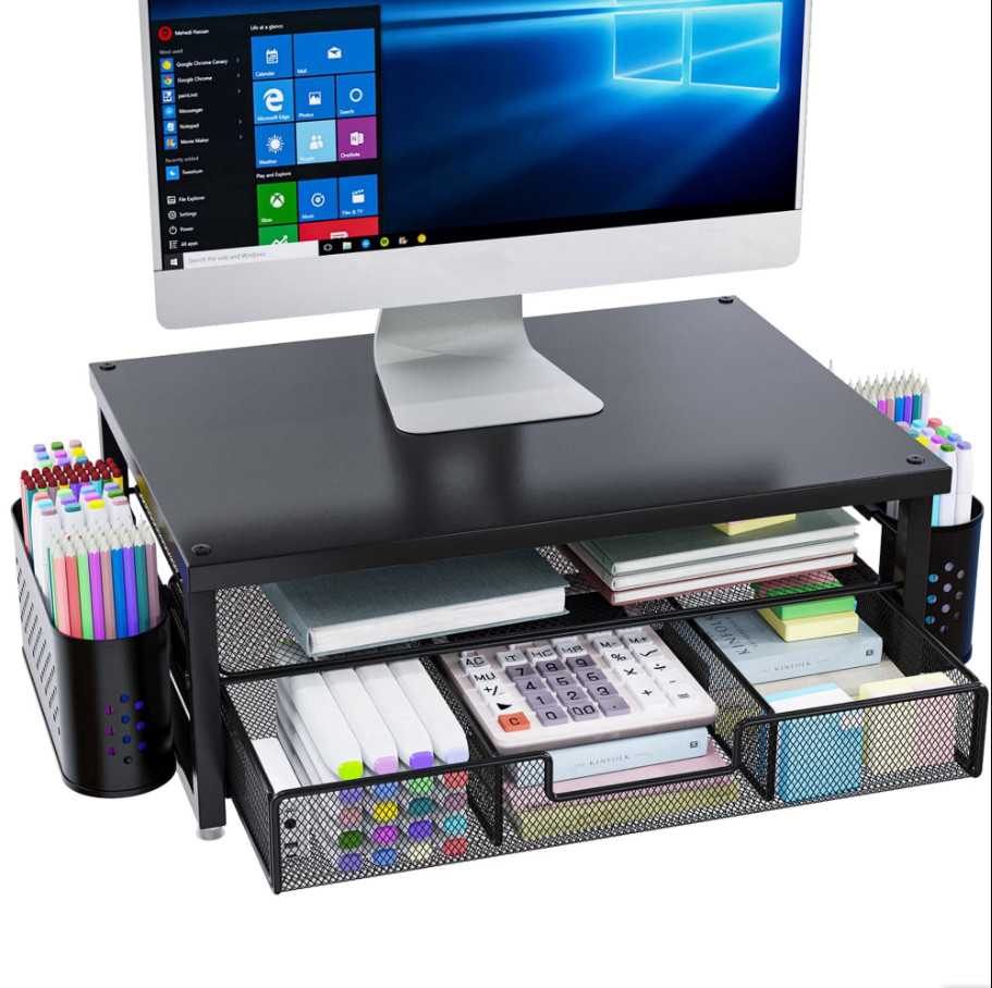 3-Tier Monitor Stand Riser with Drawer & Pen Holders, Desk Organizer, Black