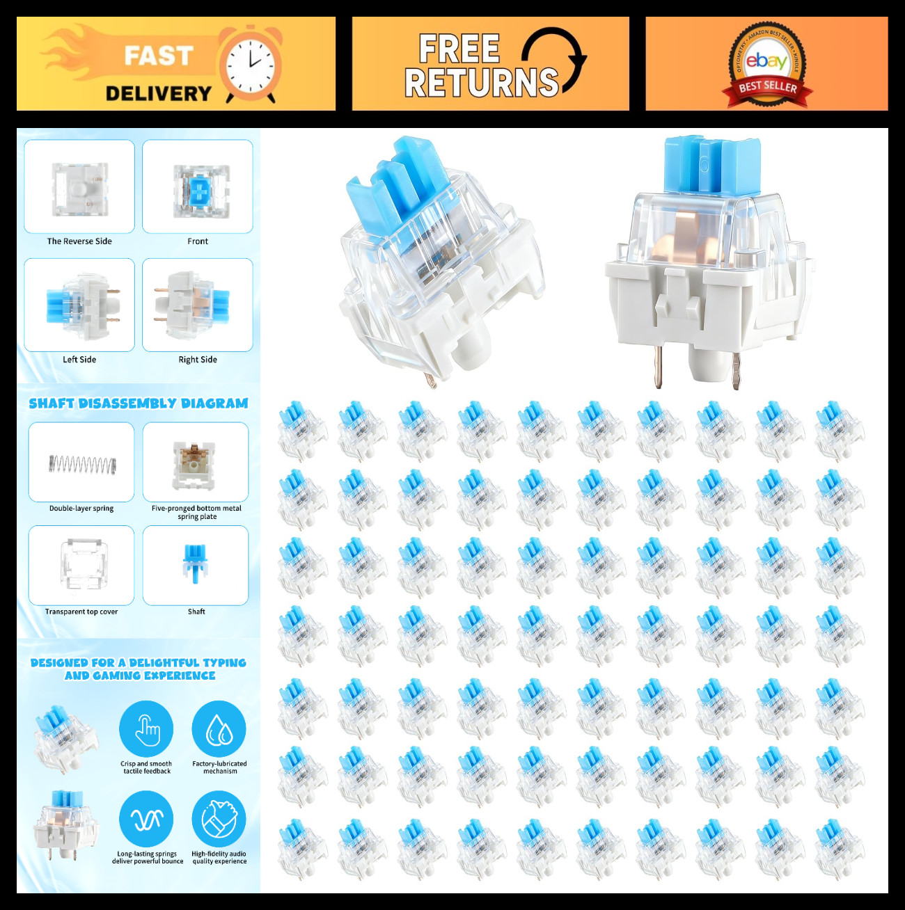 72 Pcs Blue Mechanical Keyboard Switches - Clicky, 3 PIN, Dustproof & Waterproof