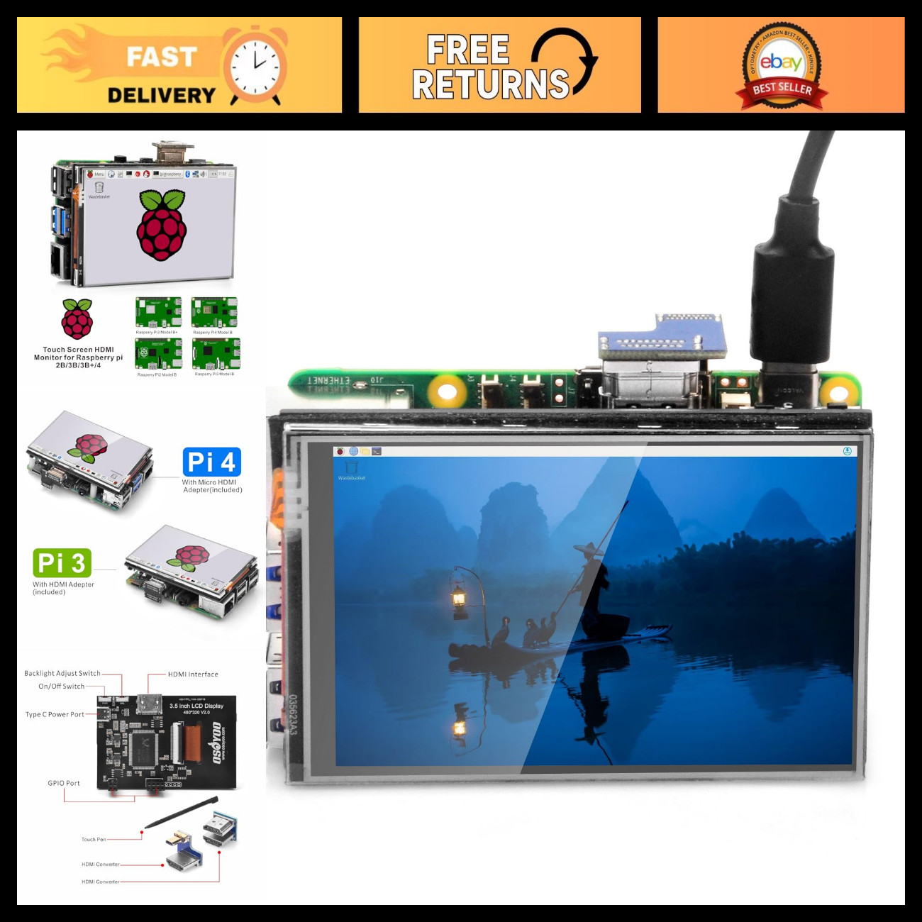3.5" HDMI Touch Screen Monitor for Raspberry Pi - TFT 480x320, Stylus Included